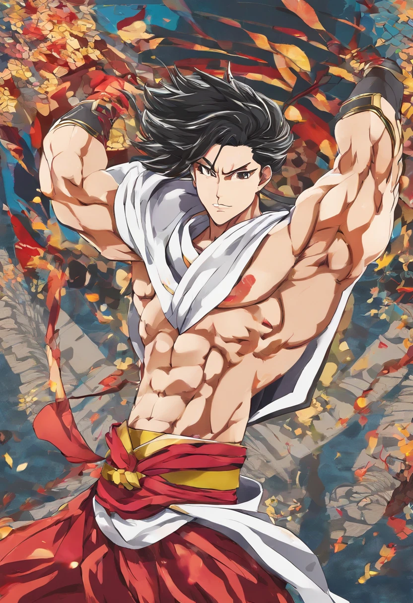 Poderoso vinking personagem de anime, masculino, peito descoberto, beserk, cabelo moecano da cor preta, muscular physique , Anime depiction, 4k resolution. campo de batalha de fundo: segurando um grande machado ,UHD 32k, melhor qualidade, master part, Super Detalhe, Detalhes altos.