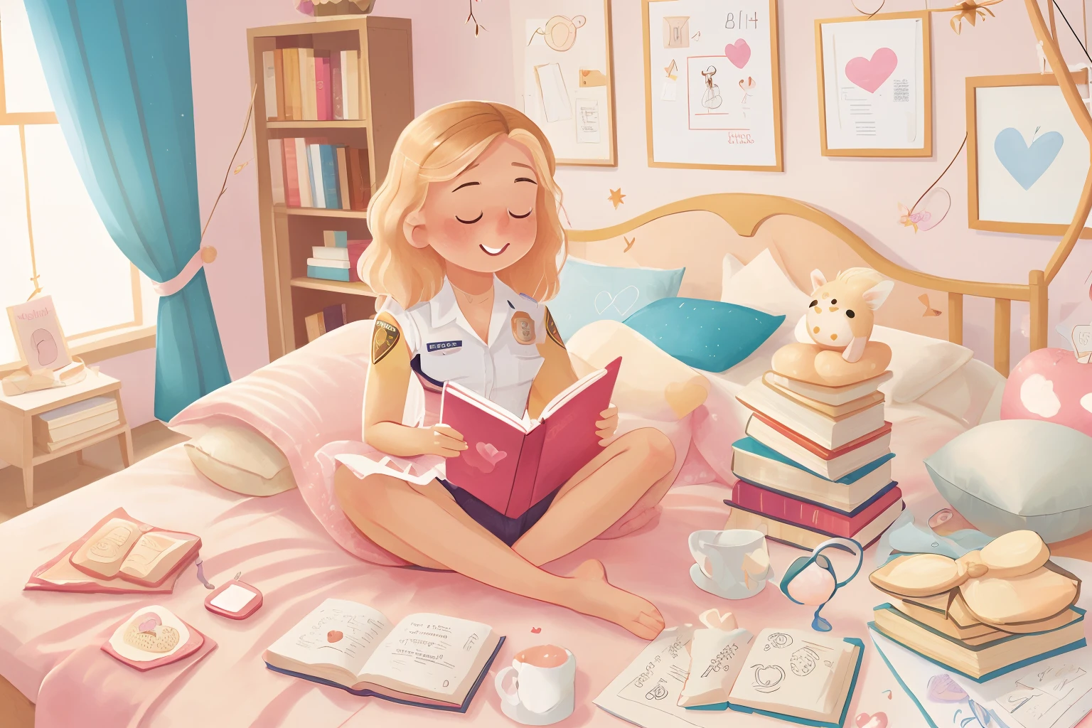 27-year-old blonde white girl reads a book about love Very beautiful in the bedroom Cute and cute officer in the prime of life