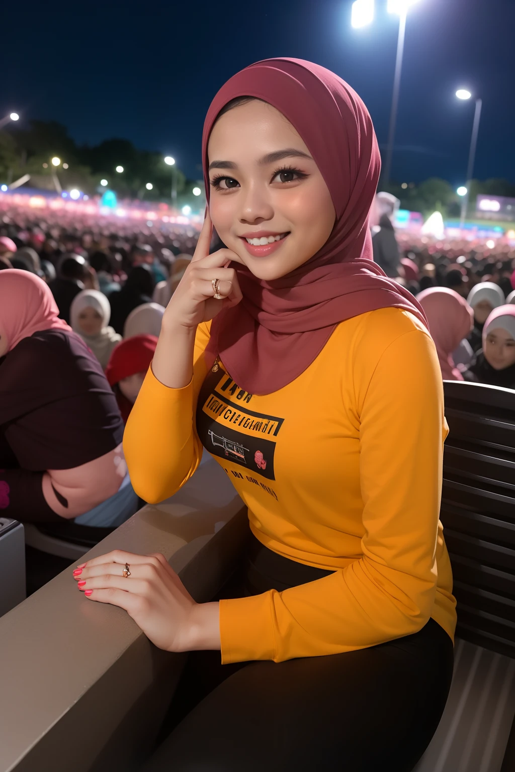Portrait photography of a beautiful young malay girl ( mira filzah:1.0) in hijab wearing tight long sleeve tshirt and short skirt with leggings watching a concert, nighttime, concert background, bright lighting, smile and happy gesture