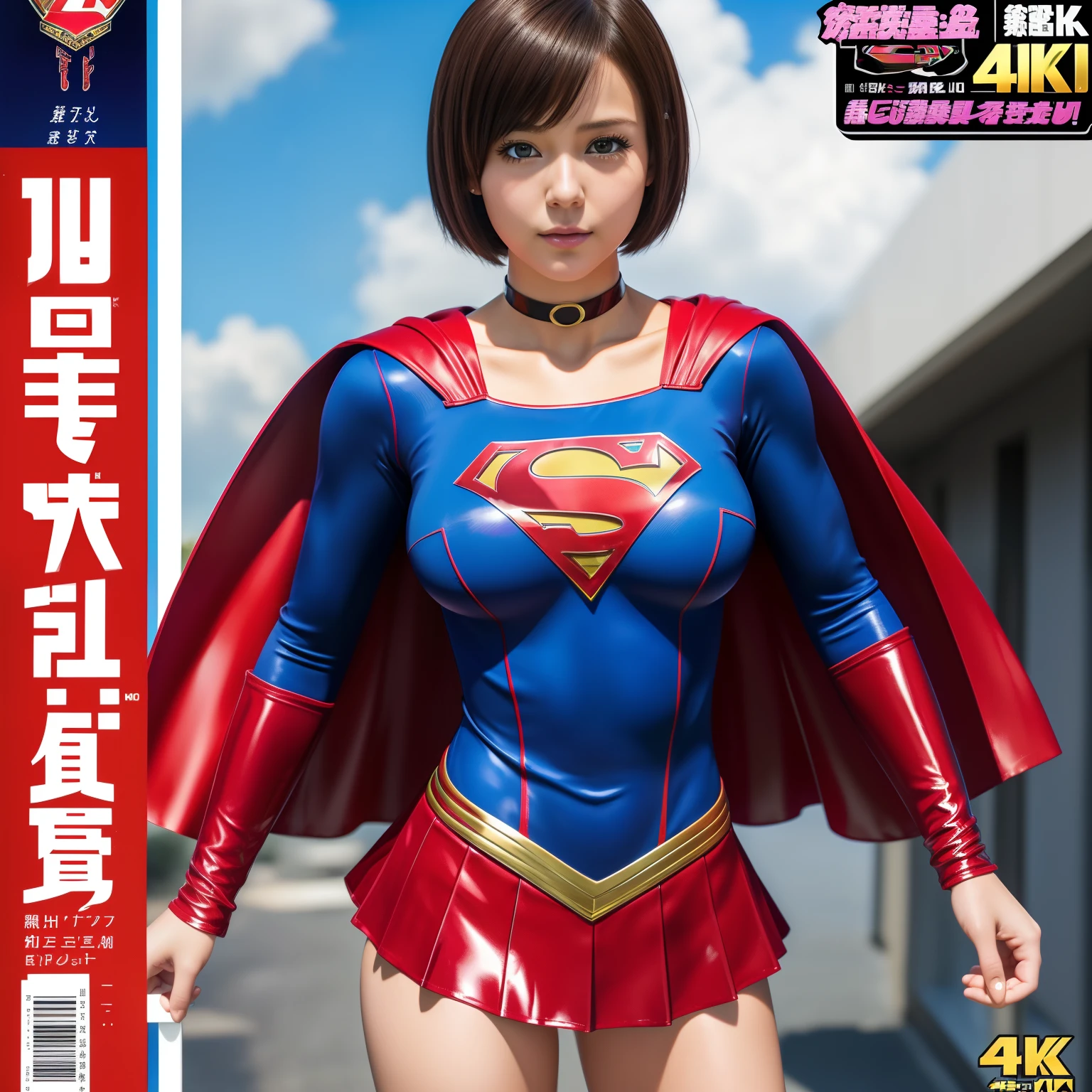 (Best Quality,4K,8K,hight resolution,masutepiece:1.2),Ultra-detailed,Realistic:1.37,Super masterpiece,Short-haired Supergirl、large full breasts、Looking at the camera、Glossy costume、a choker、Too short miniskirt、Magazine covers、Weekly Shonen Jump