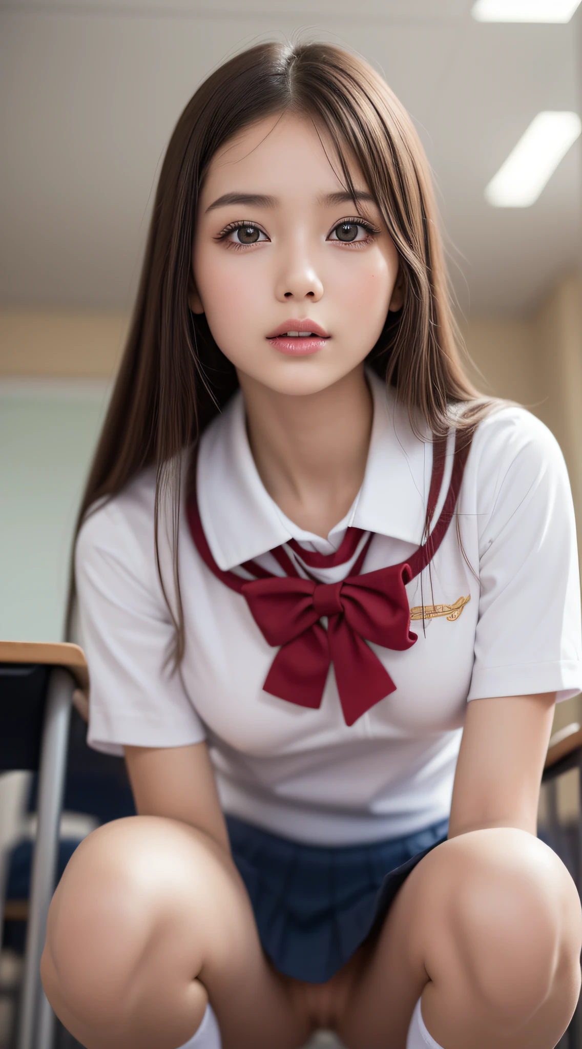 (1ung girl), (highly detailed Beautiful face), Amazing face and eyes, (Best Quality:1.4), (Ultra-detailed), (extremely detailed CG unified 8k wallpaper), Highly detailed, High-definition raw color photos, Professional Photography, Realistic portrait, Amazing face and eyes, Pink eyes, (hi-school uniform, pleated mini skirt:1.3), (High school uniform with wide open breasts:1.5), mini skirt, brown hair, model, (((Bokeh))), depth of fields, School, classroom, (squatting:1.2), (no panties:1.2), (view from below:1.2),