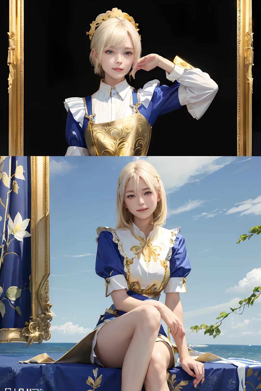 ((top-quality、8K、​masterpiece:1.3)), (Longhaire, Beautiful hairstyle, Platinum Blonde Hair:1.5)、(Cute pattern of gold leaf,  Delicate workmanship, Blue and white fabric:1.4, maid dress:1.5), Clear, Fine-grained skin、Beautiful clear eyes、cleavage of the breast、Carefree and natural smile、(Hair disheveled in the wind:1.3)、Beautiful girl with a smile、(thin-waist:1.3)、(Dynamic and provocative poses:1.2)