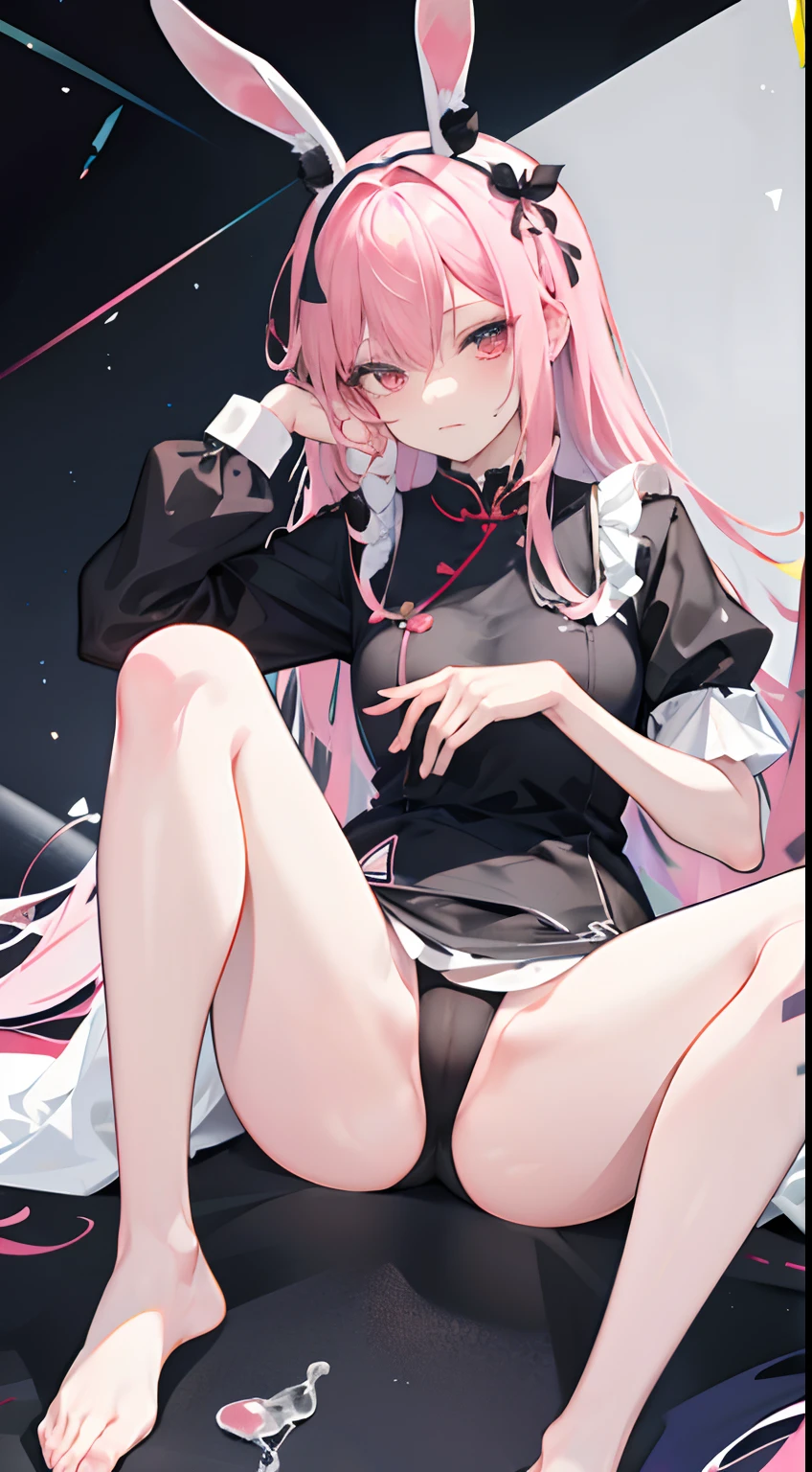 opening legs，Bunny ears，No underwear， the feet，is shy，sitted， Feet，Exposed genitals，clear liquid，Bigchest，Black fully transparent panties，soaking wet，A pink-haired，Hold your thighs from behind with your hands，Emotive expressions，Ambiguous，taunt，on cheongsam，Unoccluded，There is no lower limit