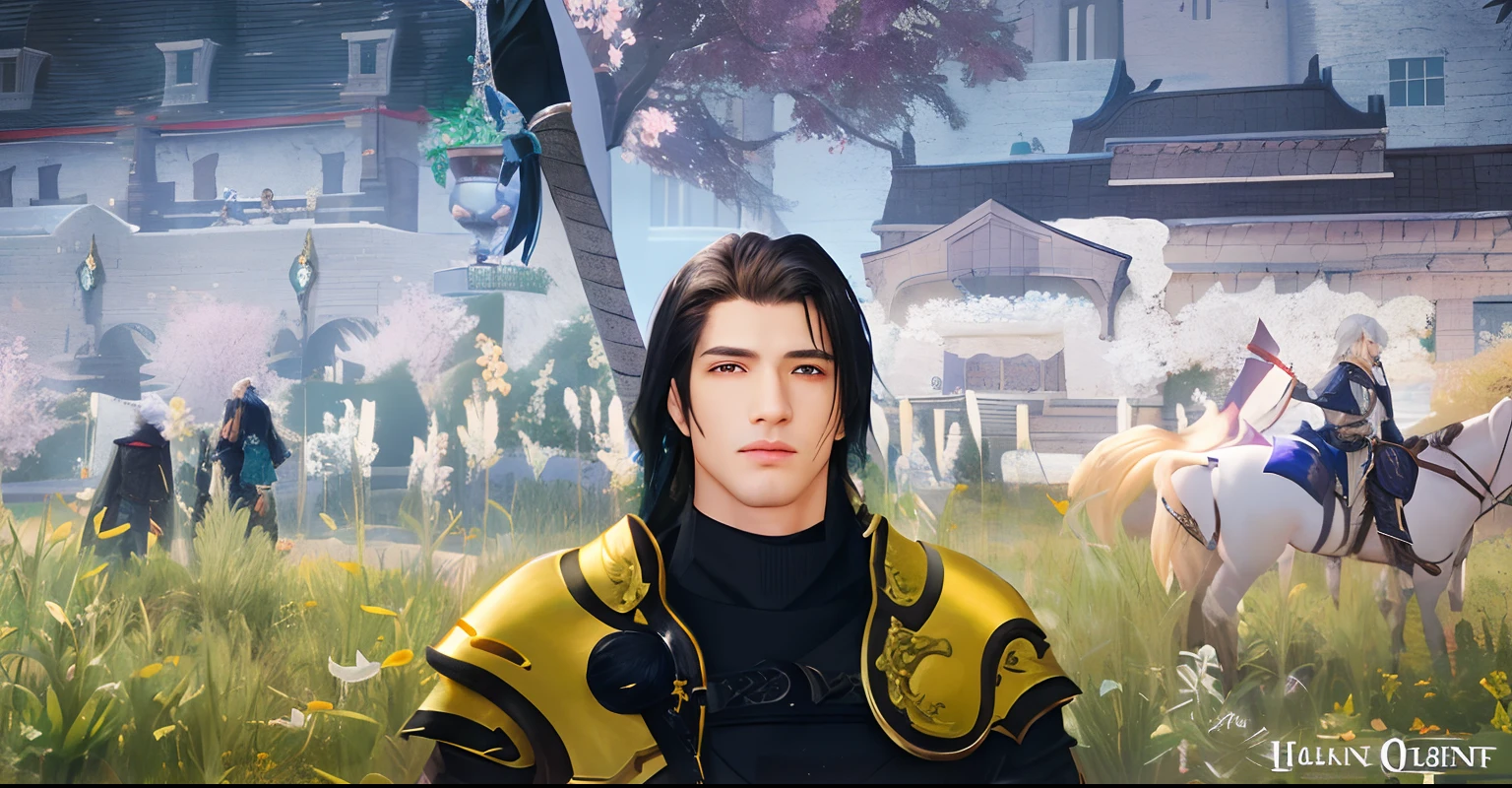 there is a man that is standing in front of a painting, inspired by Yang Jin, final fantasy 14 style, thancred waters in style of wlop, roguish smirk, inspired by Li Kan, sylas, with very highly detailed face, portrait of thancred, inspired by Dai Jin, arsen lupin as a paladin