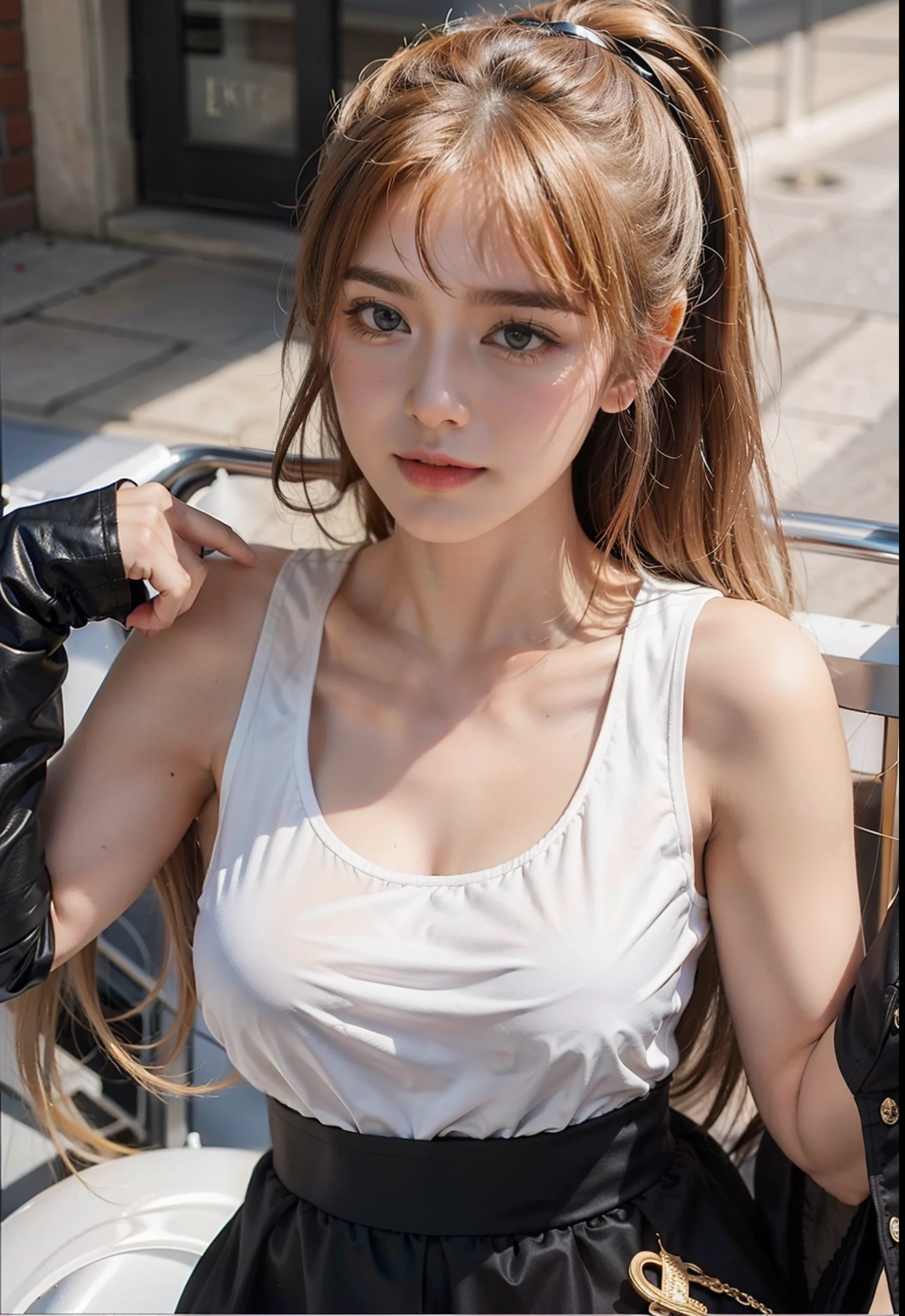 ((Realistic lighting、top-quality、8K、masterpiece:1.3))、Clear focus:1.2、dark tanned skin:1.2,((platinum blonde hair:1.3))、1girl in、perfectbodybeauty:1.4、Slim abs:1.1、ice blue eyes、((light brown hair、middlebreasts:1.2))、(Acceleration:1.4)、Slender face、lycra top 、yoga pants、casual shoes, shopping mall, relaxed, Looking at the camera、(24 year old:1.3)、hyperdetailed face、A detailed eye、Bird's eye view
