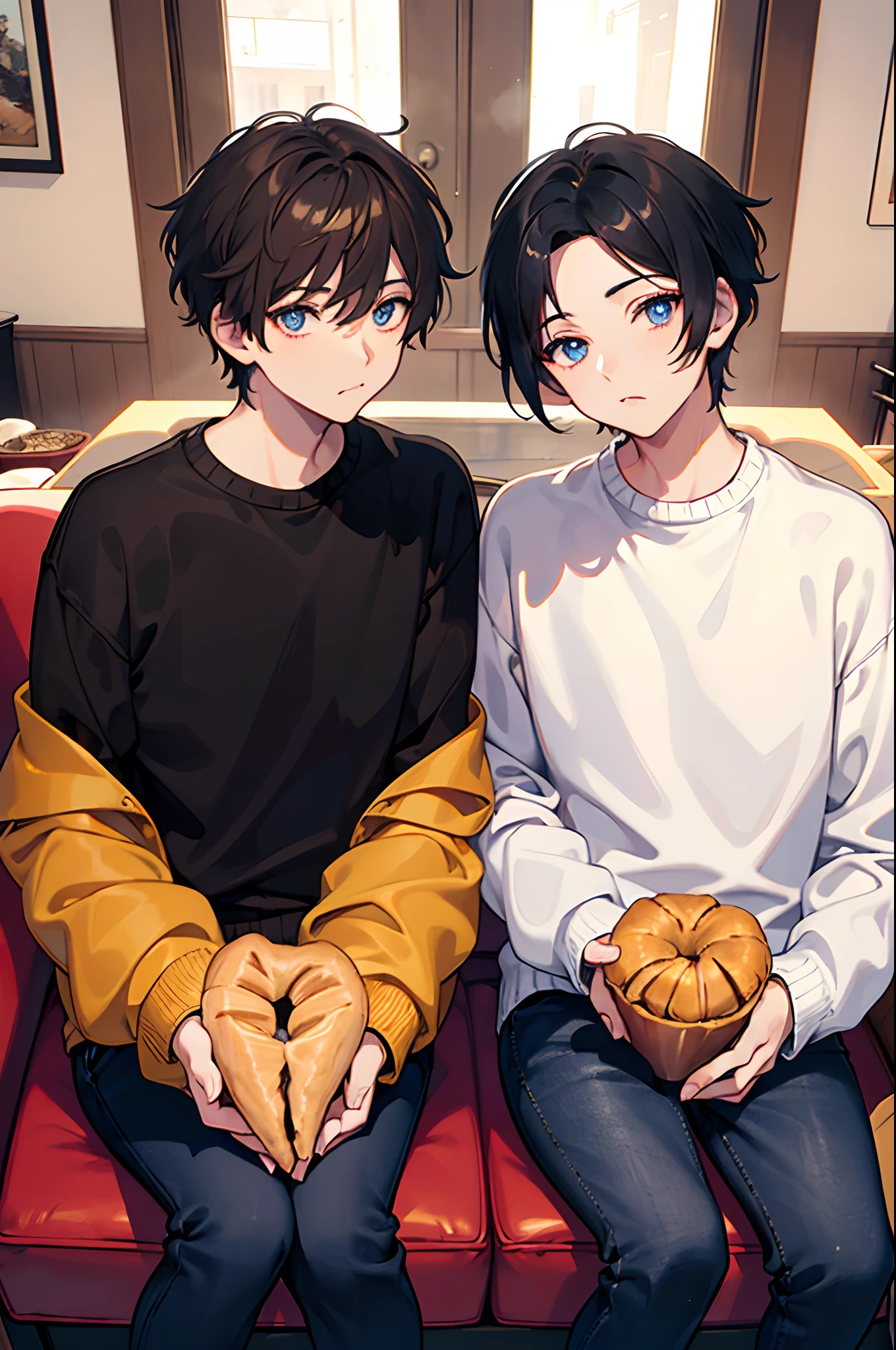 twinks　male people　short dark hair　Sit down and eat croissants　Brown sweater　Black jeans　​masterpiece　Top image quality　Darken shading(light)　Clear　cinematic shadow　Increased attractiveness of the eyes　{Perfect face} 　Clear the shine of the eyes　Draw eyelashes neatly