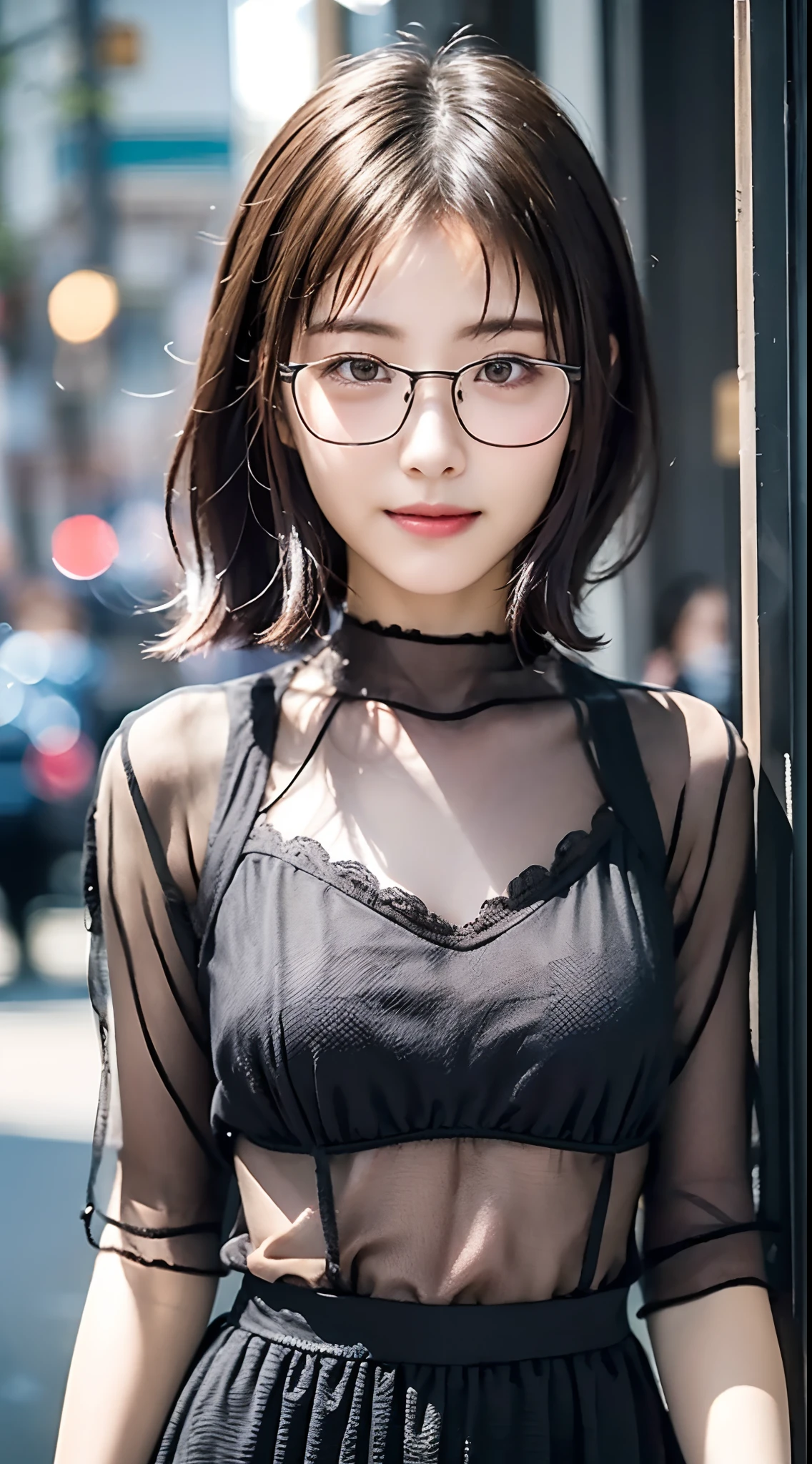 (8K、Raw photography、top-quality、masterpiece:1.2)、(realisitic、Photorealsitic:1.37)、ultra-detailliert、超A high resolution、1人、see the beholder、beautifull detailed face、A smile、Constriction、(Slim waist) :1.3)、Autumn clothes、Beautiful detailed skin、Skin Texture、Floating hair、Professional Lighting、Osaka、Black-rimmed square glasses、Whole human body、Brown hair