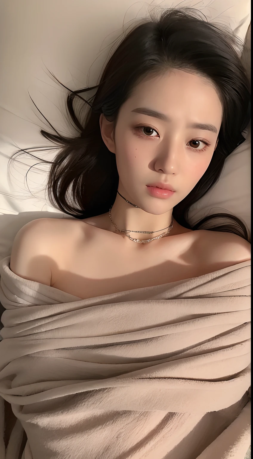 ((Best quality, 8k, Masterpiece :1.3)), Sharp focus :1.2, Chinese girl 18year, perfeks body beauty:1.4. Slender ABS:1.2. hair Super messy. Choker necklace, ((Wrapped in a blanket. Naked )),Sleep.Eyes open.. Eyes teary. Weak. Sad Drunk on alcohol. On the bed °Full Body° Highly detailed face and skin texture, Detailed eyes, Double eyelid_mix4, 20d, solo, photo-realistic:1.37
