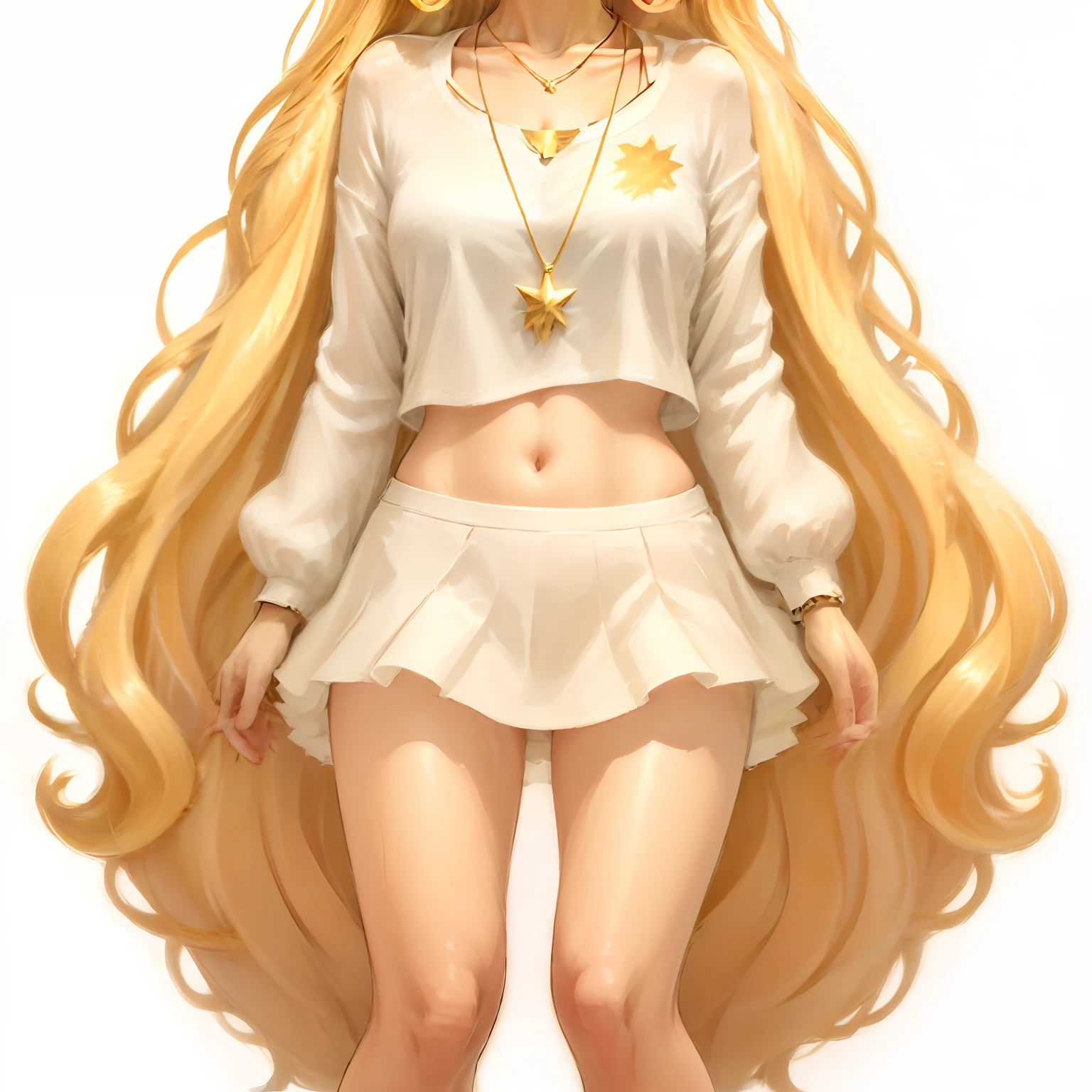 white background, semi-realistic, 1 girl, long wavy golden hair, long-sleeved white cropped top, golden details, golden necklace with star pendant, black pants, white skirt, white sneakers, 17 years old, extremely beautiful, elegant pose and determined