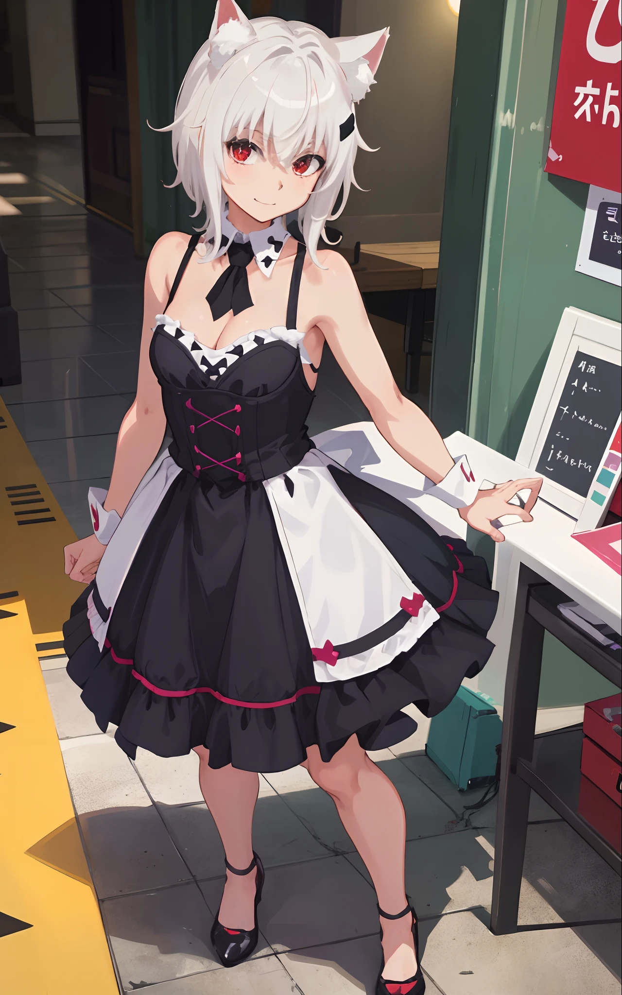Best Quality, (Masterpiece:1.2), High Detailed, Standing, School, Indoor, Cat Ears, 1girl, solo, tojo koneko, looking at the viewer, closed mouth, light smile, top, red eyes, white hair, short hair, hair decoration, cleavage, black neckband, erotica, sleeveless, whole body, bare legs, heels