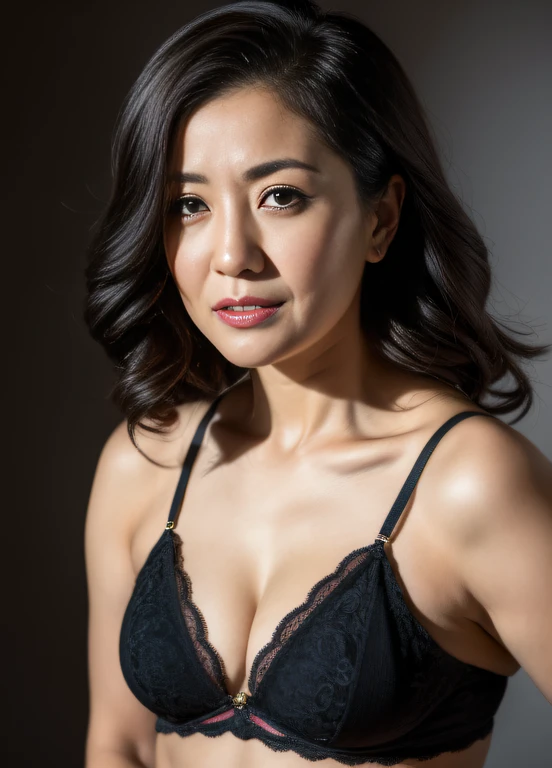 masterpiece,best quality, (one milf), ((portrait:1.5)), ((look down, looking at the viewer)), makeup, elegant black underwear, wavy hair, ((seduction expression, open mouth:0.5)),