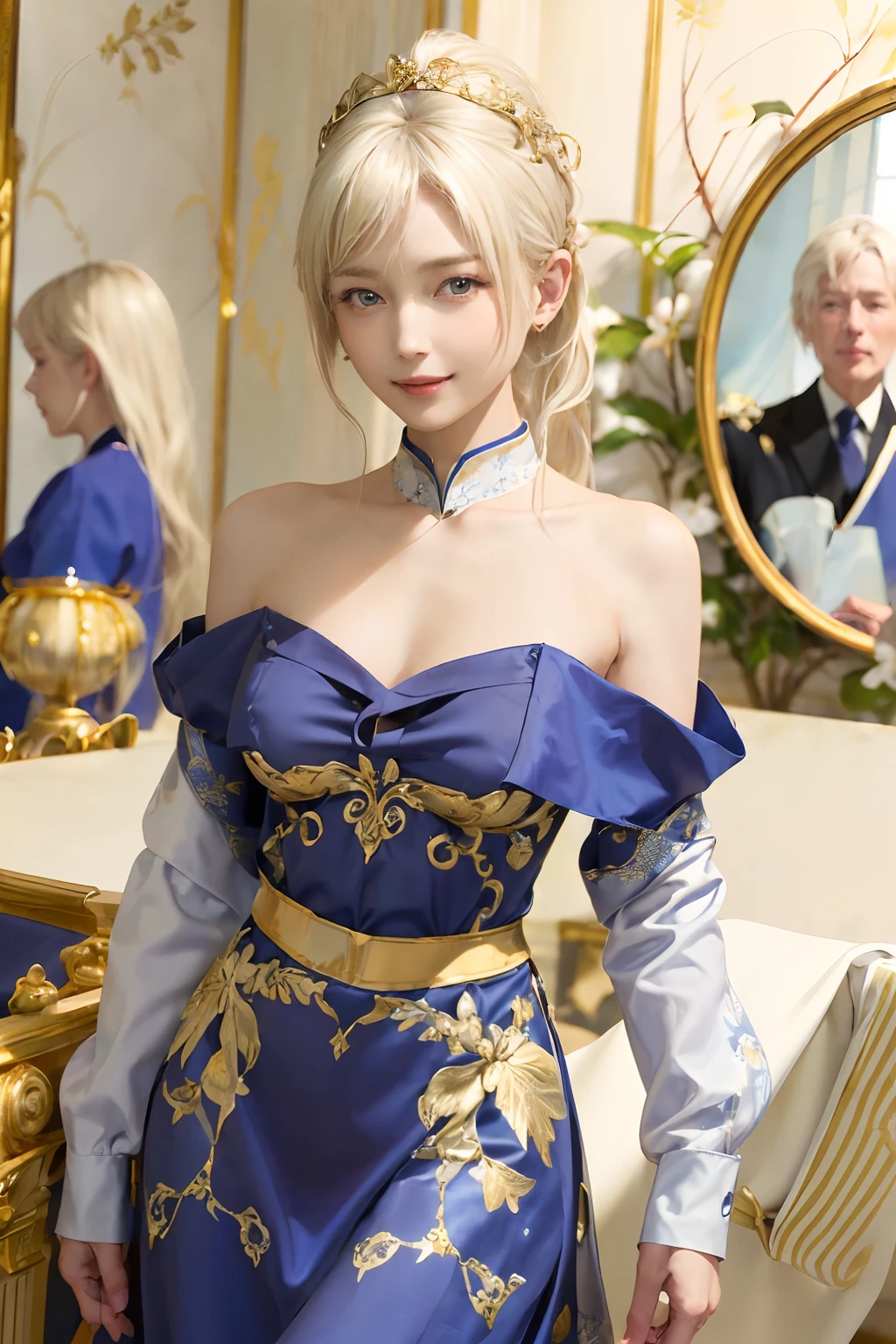 ((top-quality、8K、​masterpiece:1.3)), (Longhaire, Beautiful hairstyle, Platinum Blonde Hair:1.5)、(Cute pattern in gold leaf,  Delicate workmanship, Blue and white fabric:1.4, maid dress:1.5), Clear, Fine-grained skin、Beautiful clear eyes、cleavage of the breast、Carefree and natural smile、(Hair disheveled in the wind:1.3)、Beautiful girl with a smile、(thin-waist:1.3)、(Dynamic and provocative poses:1.2)