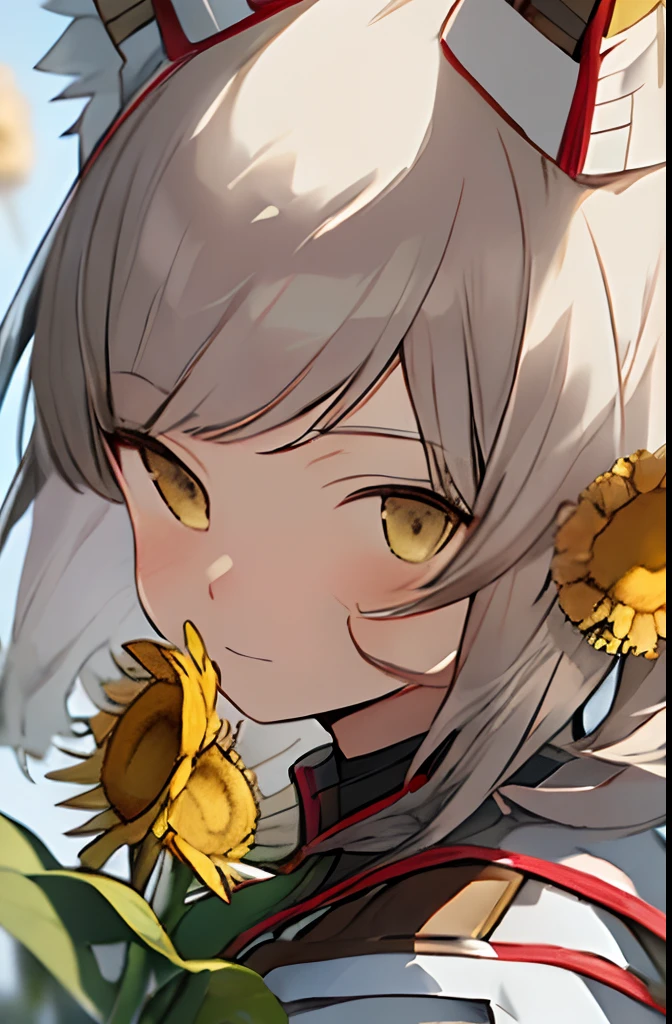 (acuarela: 1.2), hero_nia, 1girl, solo, flor, girasol, pecas, retrato, hoja, firma, flor amarilla, cabello largo, pendientes de flores