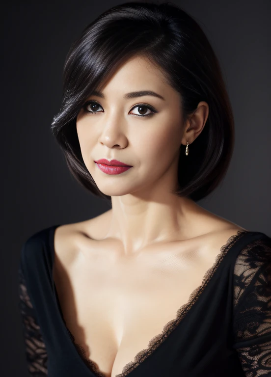 masterpiece,best quality, (one milf), ((portrait:1.5)), ((gaze:-0.5)), makeup, elegant black shirt, ouch own chest, ((seduction expression)),