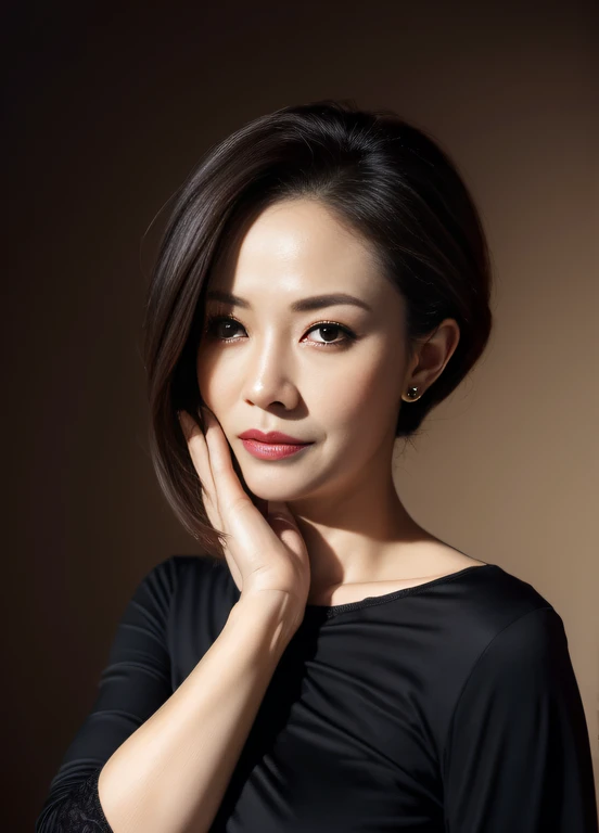 masterpiece,best quality, (one milf), ((portrait:1.5)), ((gaze:-0.5)), makeup, elegant black shirt, ouch own chest, ((seduction expression)),