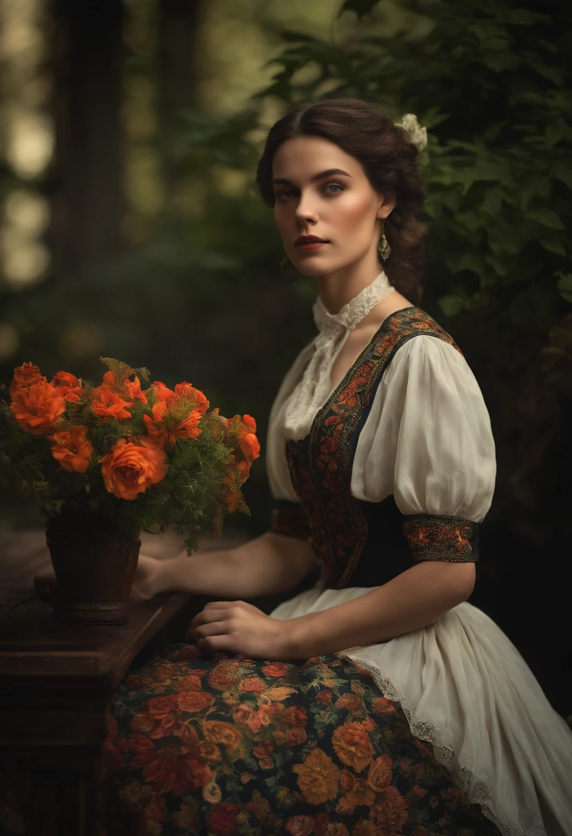A young woman of the nineteenth century, she is a Missionary and was summoned to be an investigator for Call of Cthulhu, a horror RPG, ela possui longos cabelos negros, e olhos negros vestido floral e lizo