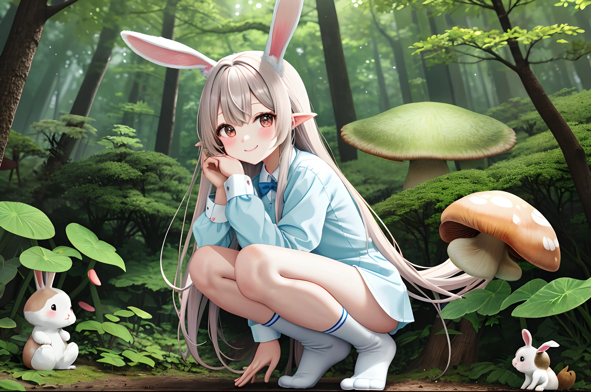 【Top image quality】Kawaii Girl in woods Forest creatures bunny rabbit dark circles a squirrel There is also a。There are also mushrooms。Eared rabbit bare-legged Cute white costume White panty rabbitears shortsleeves Light blue long hair Twin-tailed A charming smile