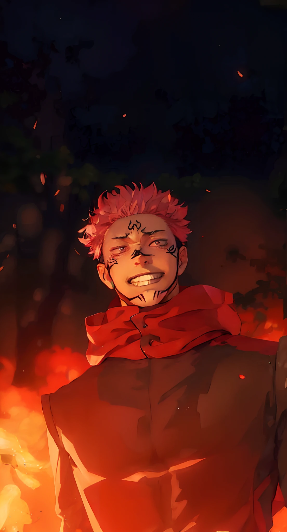 1man, Itadori Yuji Mode Sukuna in Anime Jujutsu Kaisen, Short hair , Pink hair, Red Light Eyes, Handsome, Purple clothes, realistic clothes, detail clothes, City Background, Ultra Detail, Realistic