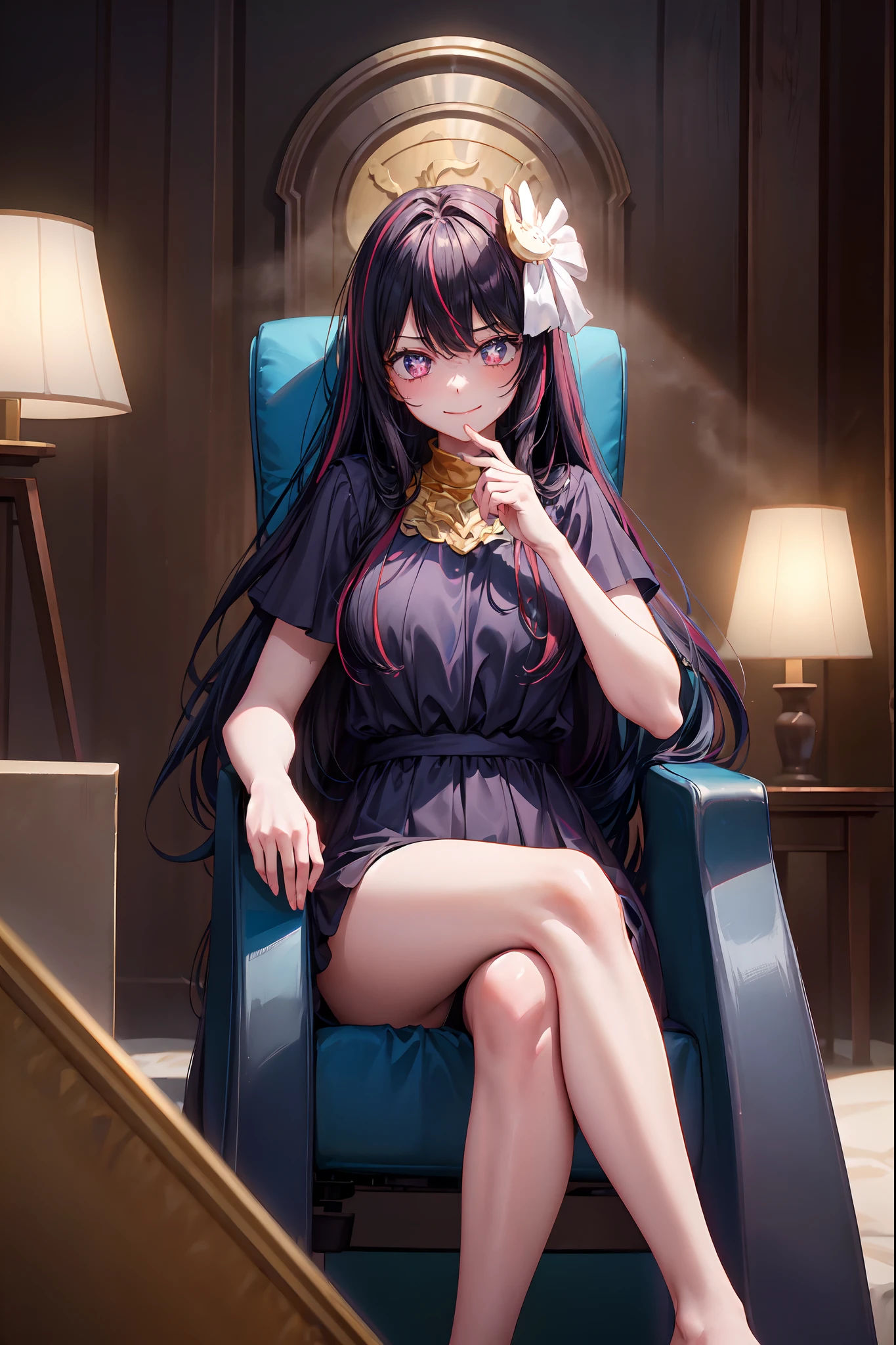 1girl, dark room, sitting, gold gigant throne, queen, crossed legs,short dress,erotic,sexy, looking at viewer, from bellow, smug smile, Hoshino Ai, long hair, purple hair, streaked hair ,purple eyes, star-shaped pupils, hair ornament, casual clothing, throne room,undersized clothes,commercial photography,at night, lights, High Detail, Sharp focus, (photorealism), realistic, best quality, 8k, award winning, dramatic lighting, epic, cinematic, masterpiece, rim light, ambient fog:1.3, dutch angle, depth of field,8k uhd, high quality, motion blur, depth blur, cinematic, filmic image 4k, vibrant color,