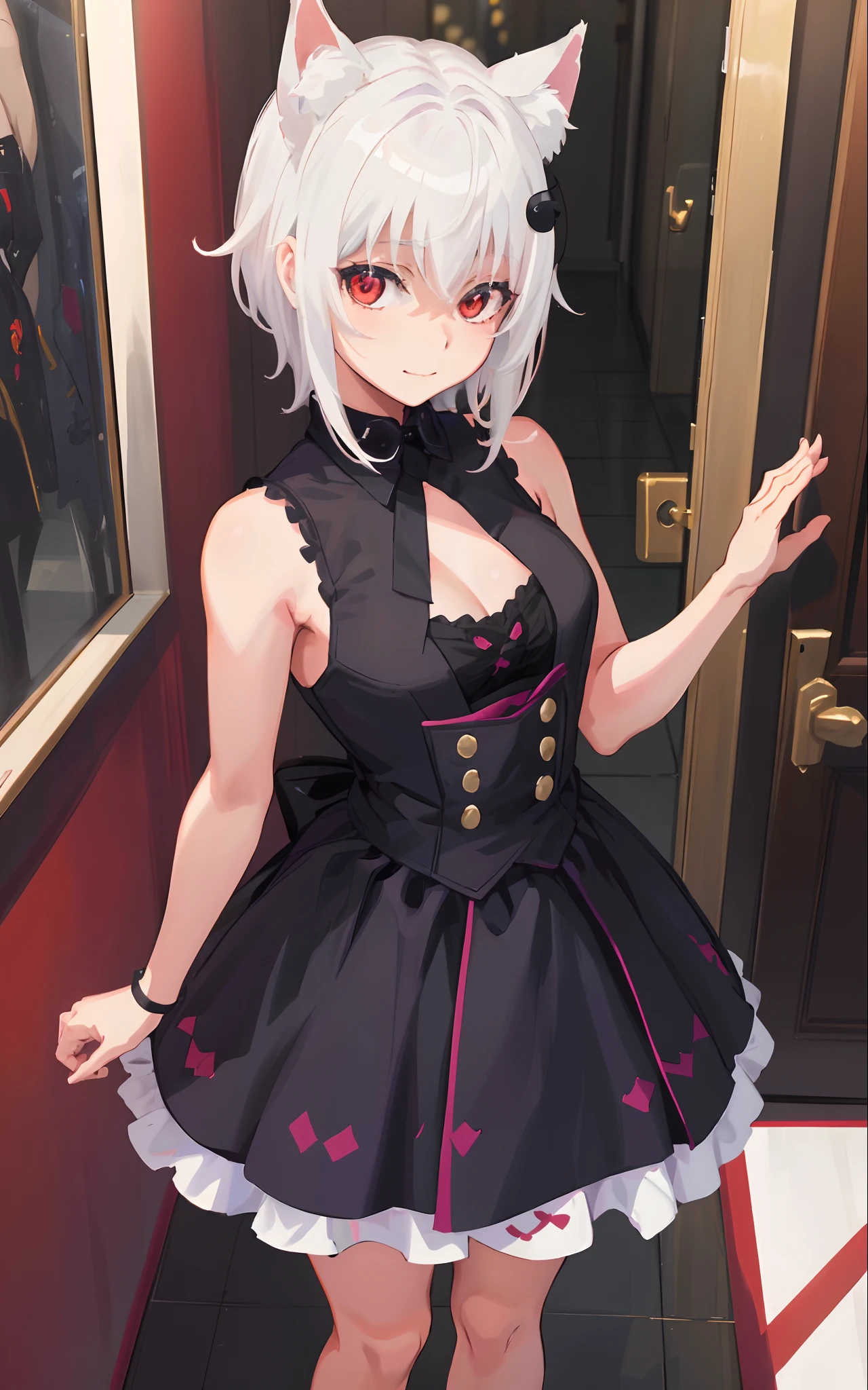 Best Quality, (Masterpiece:1.2), High Detailed, Standing, School, Indoor, Cat Ears, 1girl, solo, tojo koneko, looking at the viewer, closed mouth, light smile, top, red eyes, white hair, short hair, hair decoration, cleavage, black neckband, erotica, sleeveless, whole body, bare legs, heels, ((portrait))