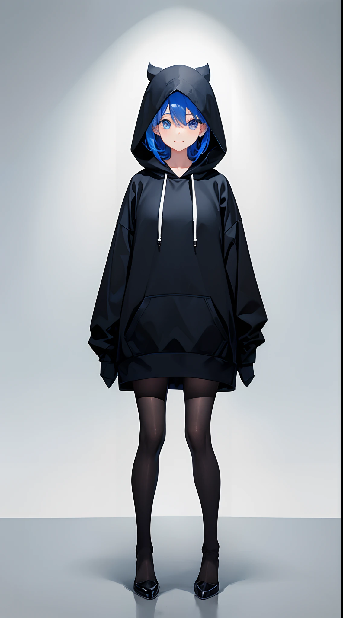 girl with, Please wear a plain black hoodie and hood, The hood has penguin hands.、Standing alone, Facing forward、Hair color is blue、A smile、I'm wearing black tights、No background、No light、Shining eyes、Draw your eyes properly