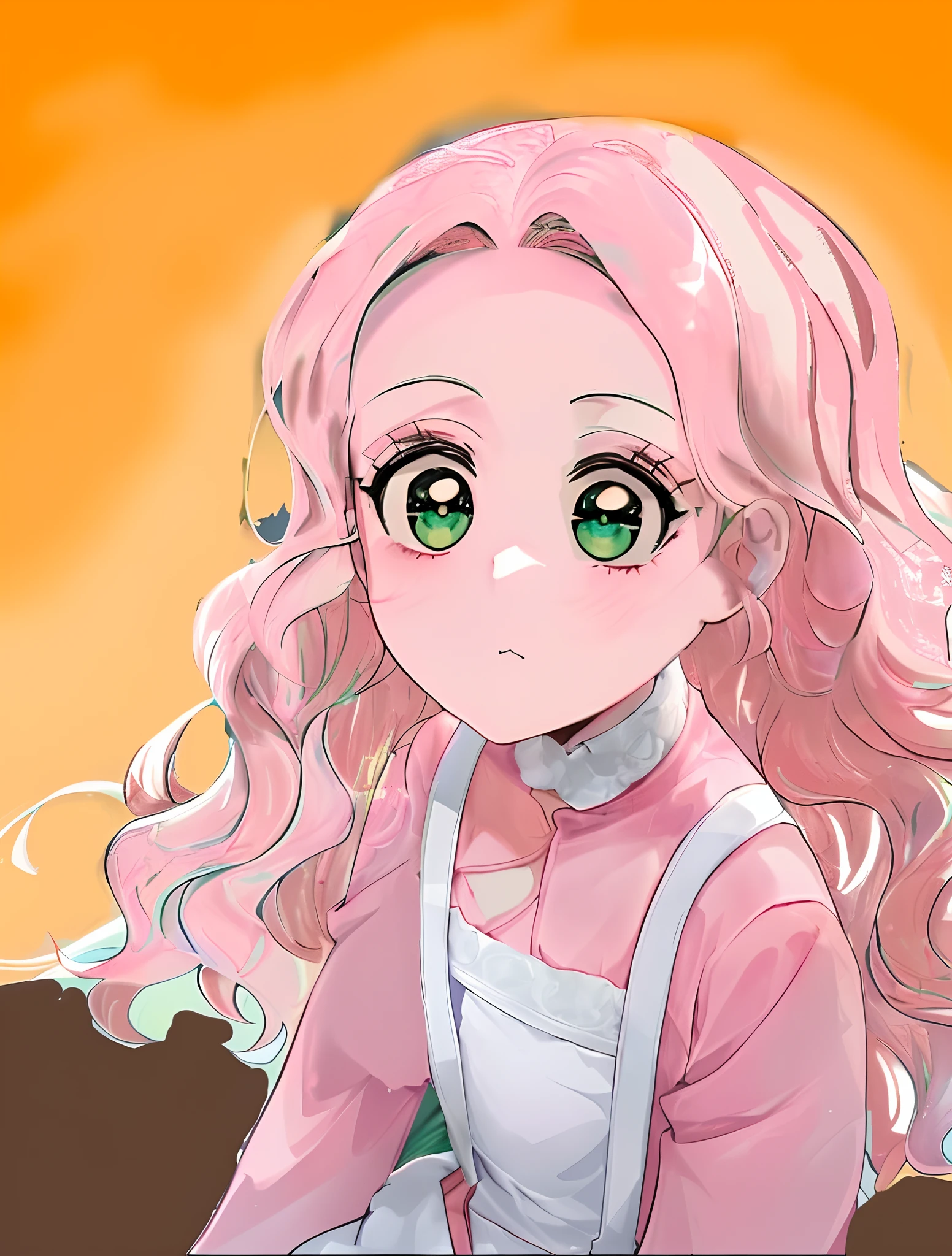anime com cabelo rosa, meninahos verdes sentada, retrato estilo anime, visual anime de uma menina bonitbreamento estilo anime plano, em estilo anime, kawaii retrato realista, fanart de alta qualidade, menina de cabelo renina de olhos verdes, g sun, menina de cabelo rosa cacheado 8k, sunset background, menina de roupa simples, menina de c rosa, olhos bem verdes
