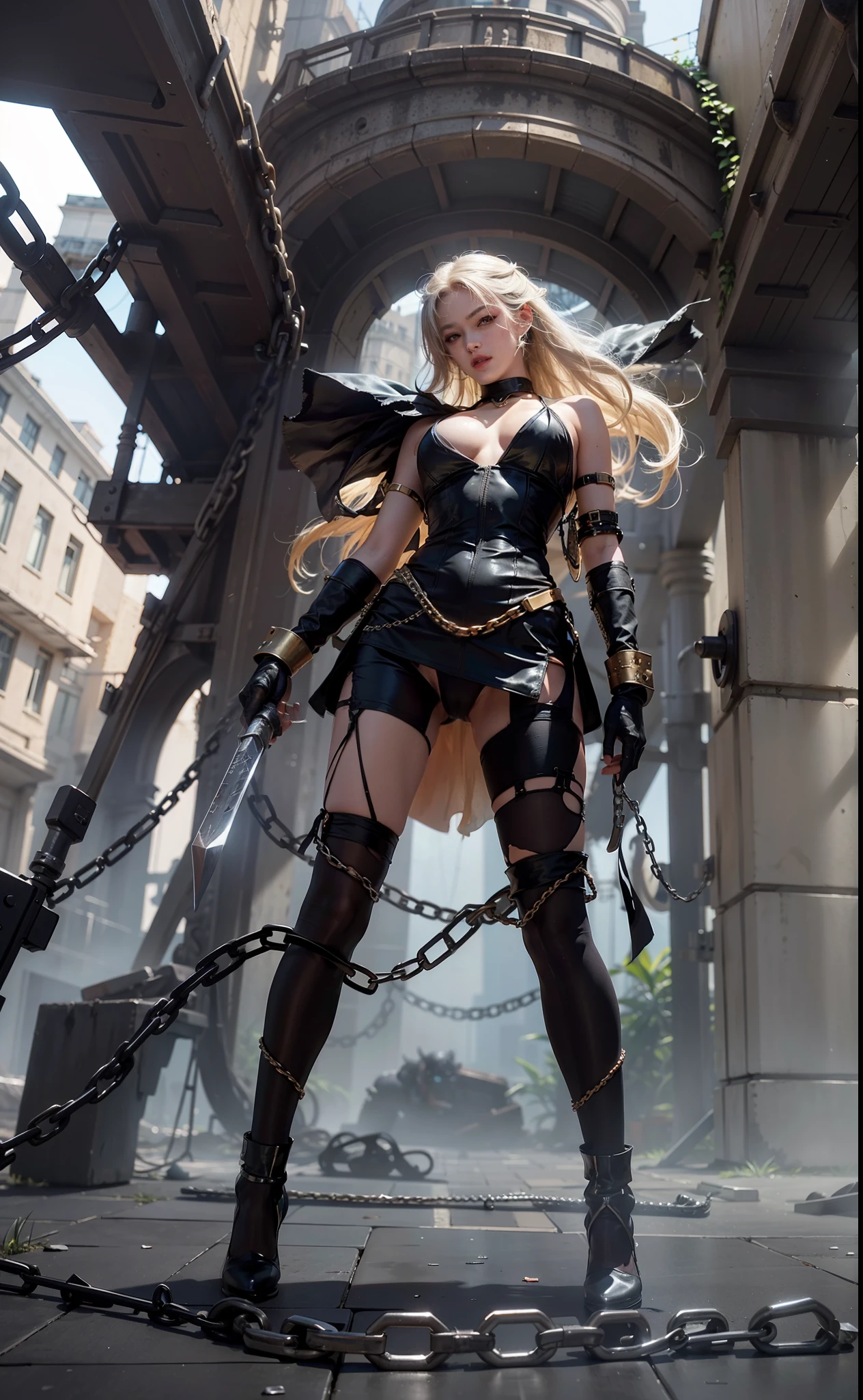 ,((Wearing a torn sheer costume of a superheroine)),(, No bra)), Wet crotch, Wet thighs, Beautiful girl with accentuated slender abs: 1.4, (((nipple tips protruding, areola is protruding, The shape of the pubic region is clearly visible)), sixpack abs: 1.4, Bust Botox, Photo, Sharpness, Unique 850 4, Koda850 k portrait camera, F1.6 shots, Ultra-realistic textures, Spectacular light textures, Cinestil 800 Fashion Mechanics, (futuristic sci-fi battle fashion: 1.1), (tied perfectly by chain), Restraint, Slaves, collars, ((wide prison with sunlight)), Dark fantasy, Realistic material details, extreme hight detail, Ultra-realistic materials ((Torn costume))), Wet, Cloudy, (Chained)), ((big emphasized by chains)), ((chains digging into crotch)), ( (Collar)), (, No bra), shredded costumes, broken golden shields and battle spears,, White combat gloves, Combat shoulder armor, Blood splattered on the face, Blood splattered, Realistic, (Bruises, Dirty, ripped clothing, skimpy clothing, Blood: 1.3), Torn Cape, Torn pantyhose, Long legs, ((iron pipe in the crotch)), Metallic shackles and fetters, ((chains hung from heaven)), Wet crotch is clearly visible, Swarovski's sword and the anatomy beneath his feet, (futuristic sci-fi battle fashion, Torn mesh stockings),Spread your legs apart,The hands are tied in chains,fully body photo,high-heels