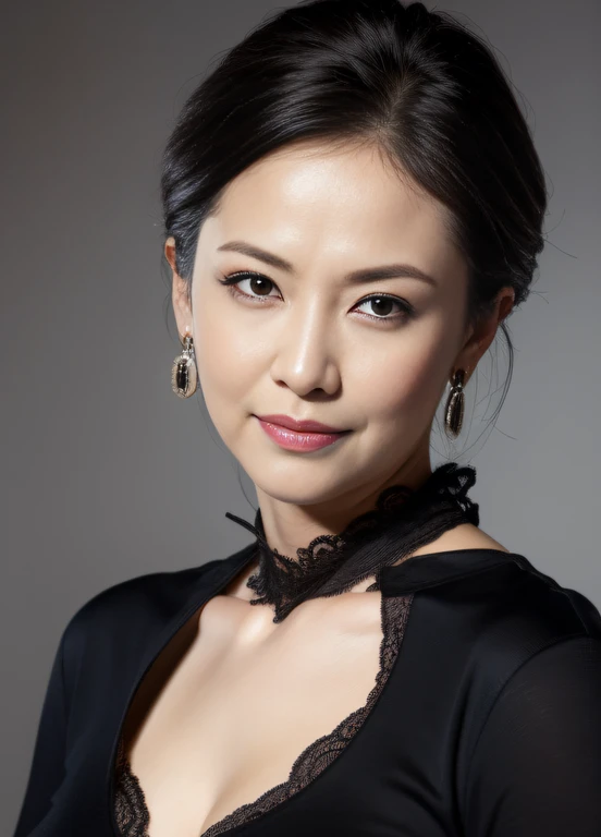 masterpiece,best quality, (one milf), ((portrait:1.5)), ((gaze:-0.5)), makeup, elegant black shirt, ouch own chest, ((seduction expression)),