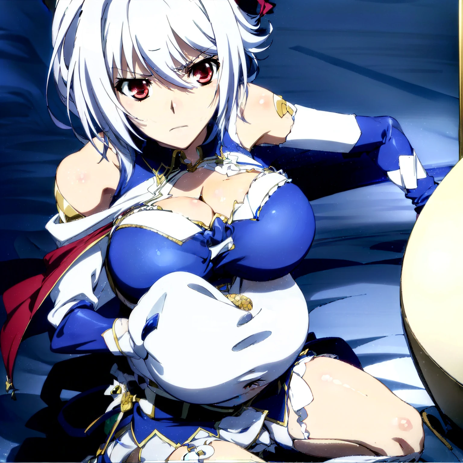 ((masutepiece, Best Quality, Very detailed, )), eleonora, 1girl in, 2 , breasts, up looking_で_viewer, Large_breasts, cleavage, Bare_shoulders, arma, Sword, Cape,She was forced to become a mother、Raped, however、Despite resistance, She became pregnant、I got pregnant. Hsi Hsiu々Became a mother through forced rape, And eventually gave birth to a child. of a baby、embarrd from、Frustrated expression、She becomes a forced mother due to her ability to rapist.