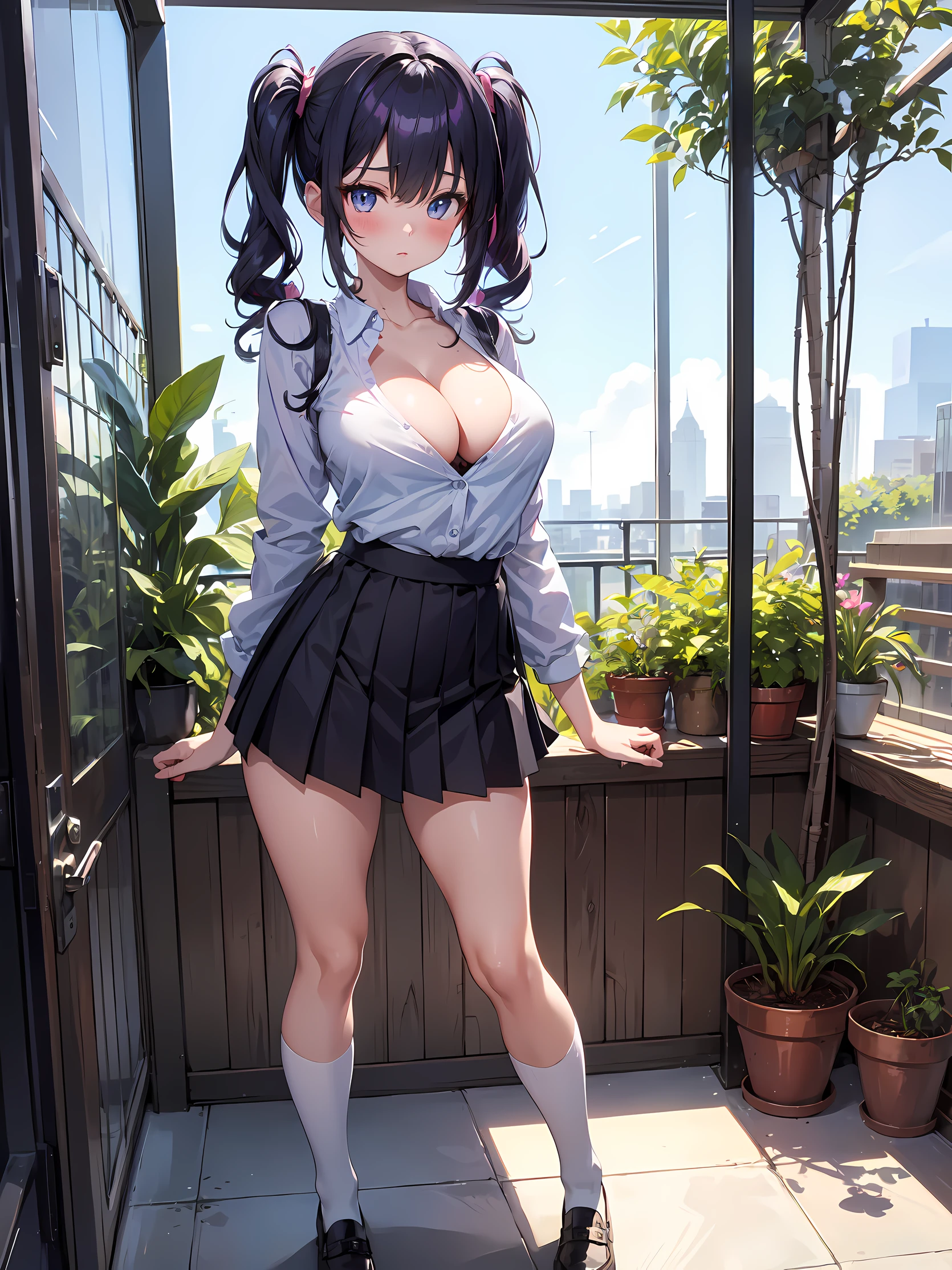 (masterpiece:1.3), (Best Quality:1.3), (Ultra-detailed:1.2), ((kawaii)), Cute, (lovely), ((sexy)), ((Extremely detailed)), 4K, (8K), Best Quality, (Beautiful), Illustration, anime style, (bold line:1.2), Gradation, //, standing, (contrapposto:1.2), //, a cute girl, 1girl, (solo:1.2), //, (huge breasts), (Perfect eyes:1.2), (Perfect iris:1.2), //, Twin tails hair style, Purple hair color, (beautiful eyes) //, (sexual expression:1.2), Fascinated expression, (cool:1.2), (blush:1.2), //, School uniform, Emphasizing cleavage, down blouse, mini Skirt to see underwear, //, School rooftop with some potted plants swaying in the wind, devoid of people.
