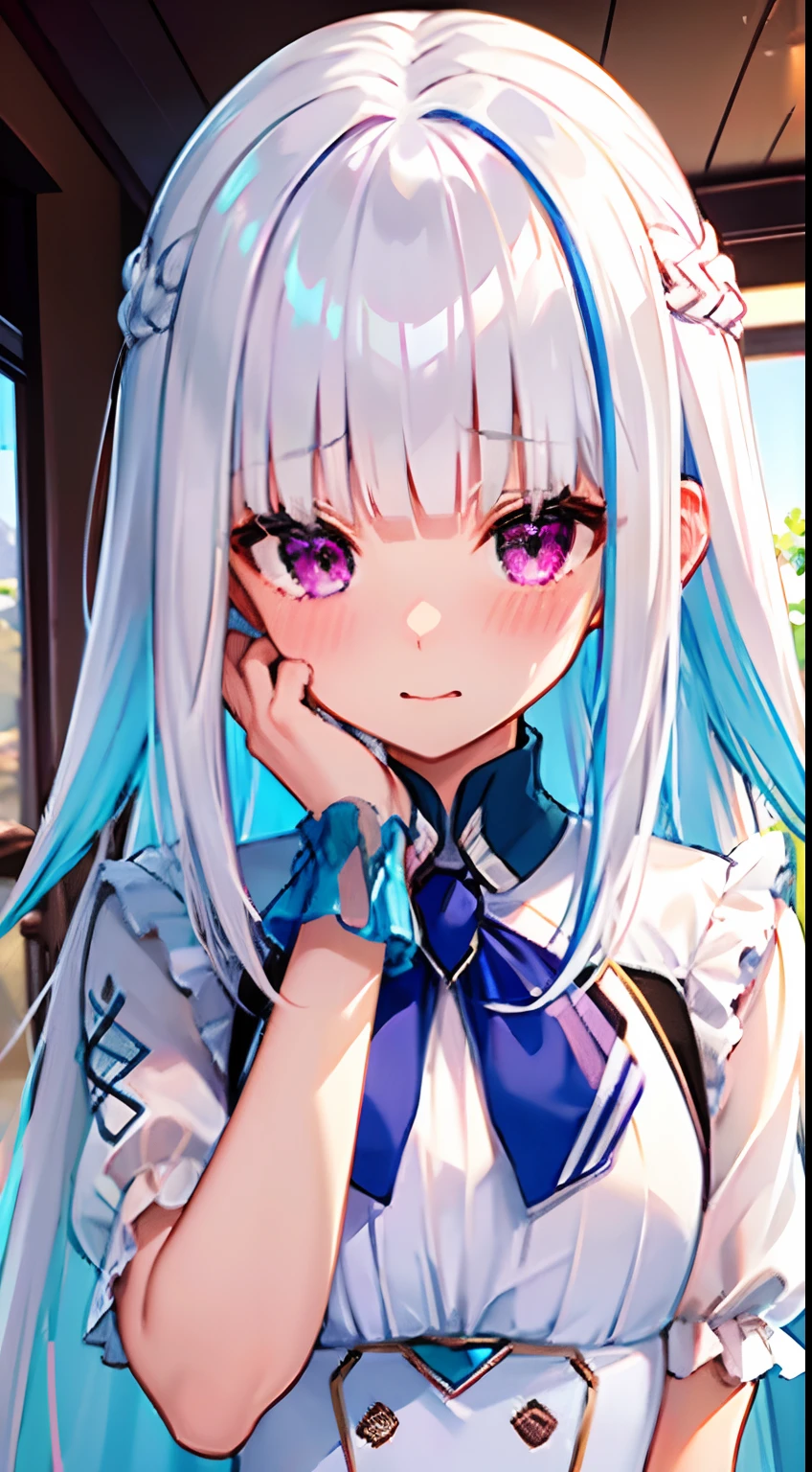 Masterpiece, best quality, detailed eyes, one girl with long hair and white blouse, white hair, embarrassed, blushing, mouth small open, indoor, wedding dress, looking at viewer, close up, hands on own face, ear blush, covering face, looking at viewer