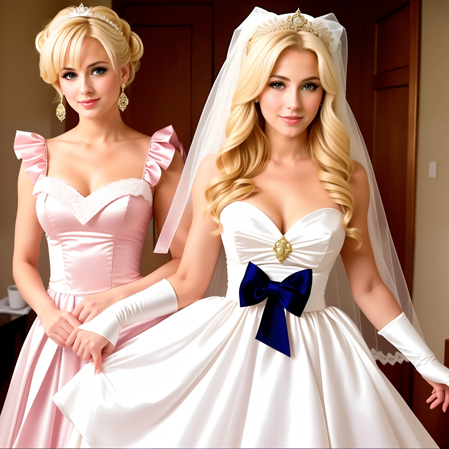 Mature and realistic portrayal:1.2) Blonde hair Sailor Moon dressed as a bride