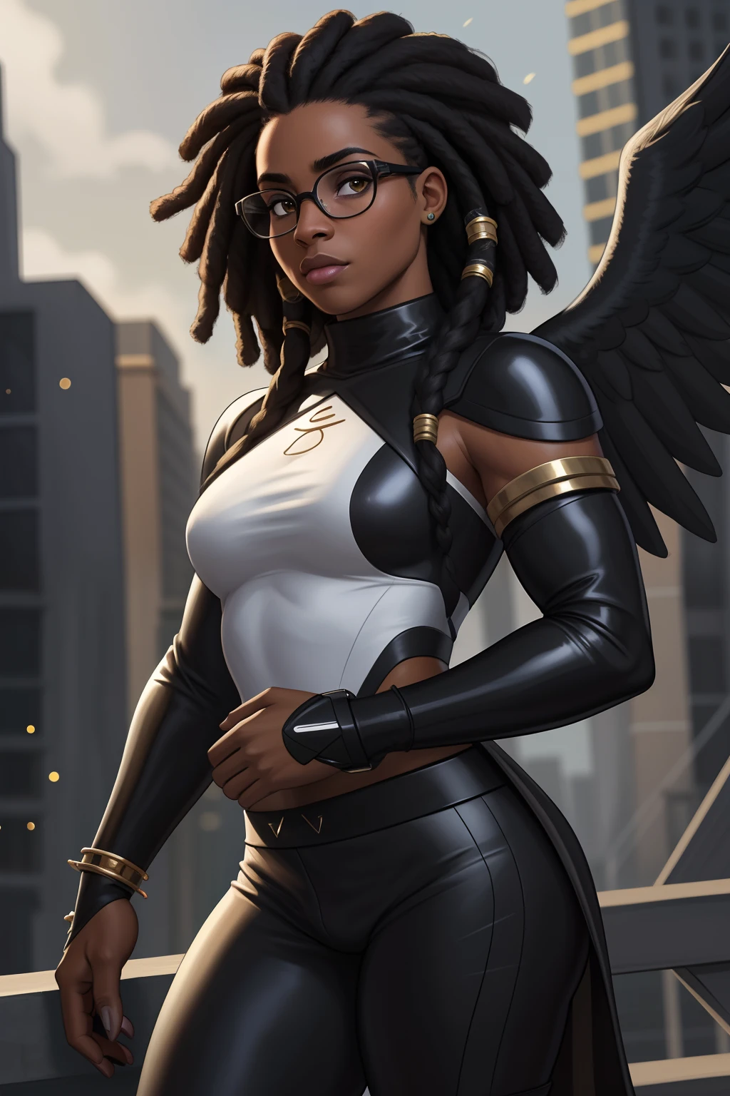 Mulher negra Moreno, de cabelo afro cabelo caindo para frente, Tipo rasta, but braided with glasses sniper gun in a city. fofa , aluna hiperrealista, com rabo-de-porco preto, character is in her natural pose, imagem ultra realista, Commission for High Res, nerdy black girl super hero, With eye Glasses, uma aluna hiperrealista, thick glasses, Estilo de arte fotorrealista, photorealistic illustration, Estilo de arte realista, Realistic student cosmic fallen angel, olhos claros brilhantes, Biomechanicals, estranho, assustador, pesadelo, cores muito brilhantes, light particles, com luz brilhante, Mshiff, Arte do papel de parede, papel de parede uhd, Anakil Skywalker, 15 anos, roupas medievais