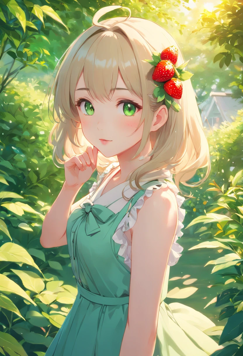 (best quality,4k,highres,masterpiece:1.2),ultra-detailed,realistic,portrait,girl in a garden,beautiful detailed eyes,beautiful detailed lips,extremely detailed eyes and face,longeyelashes,anime style,megane,silver hair,cat ears,strawberry-eating ta,dress with arm frills removed,small curves loliute anime girl visual,soft anime illustration,detailed digital anime art,Guweitz style artwork,Guweitz on Pixiv Art Station,Guweitz on Art Station Pixiv,Guweitz,nature scenery,green garden background,warm sunlight filtering through leaves,soft shadows,vivid colors