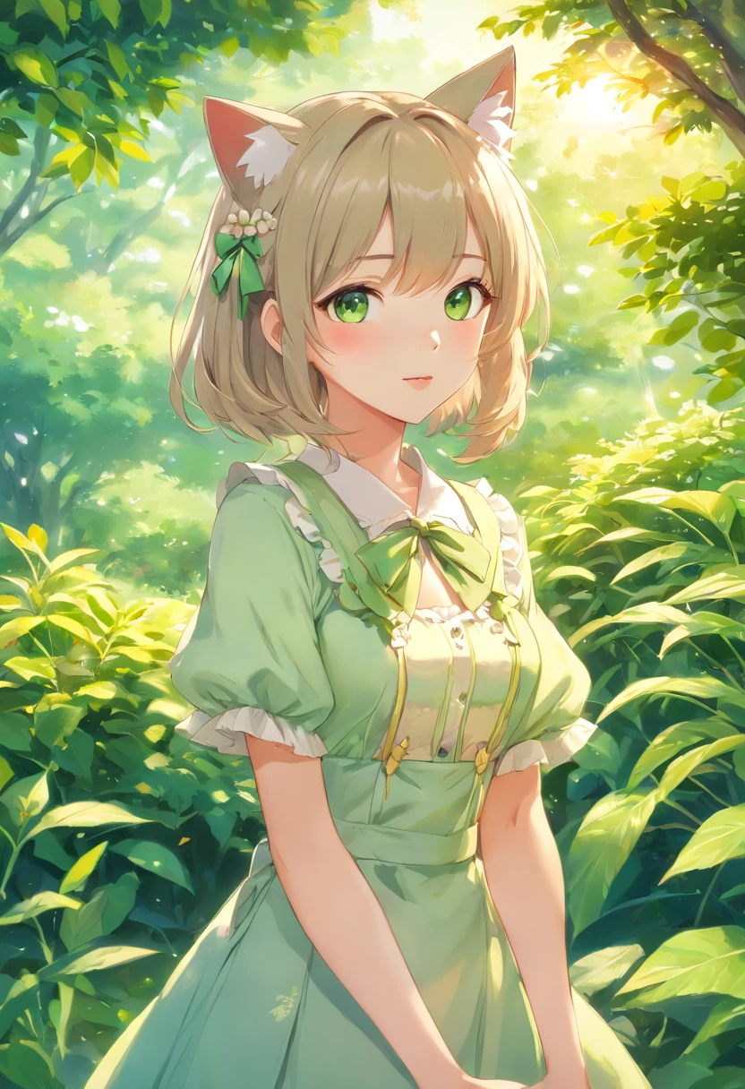 (best quality,4k,highres,masterpiece:1.2),ultra-detailed,realistic,portrait,girl in a garden,beautiful detailed eyes,beautiful detailed lips,extremely detailed eyes and face,longeyelashes,anime style,megane,silver hair,cat ears,strawberry-eating ta,dress with arm frills removed,small curves loliute anime girl visual,soft anime illustration,detailed digital anime art,Guweitz style artwork,Guweitz on Pixiv Art Station,Guweitz on Art Station Pixiv,Guweitz,nature scenery,green garden background,warm sunlight filtering through leaves,soft shadows,vivid colors