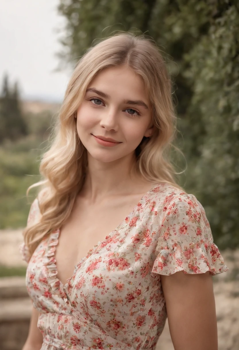 A 16-year-old blonde girl on Independence Day in Spain with a V-neck tie with hem ruffles floral dress smiling at the camera