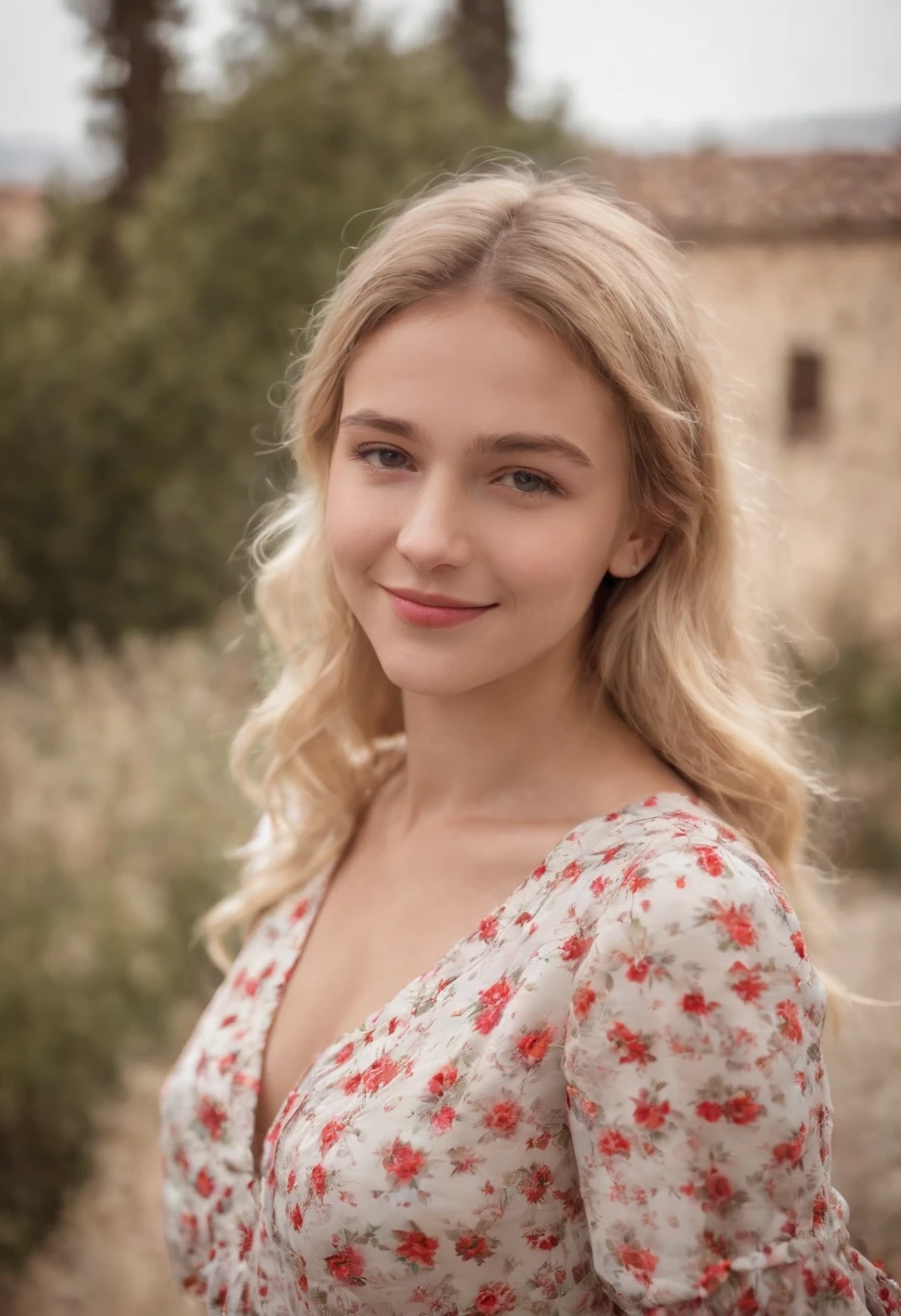 A 16-year-old blonde girl on Independence Day in Spain with a V-neck tie with hem ruffles floral dress smiling at the camera