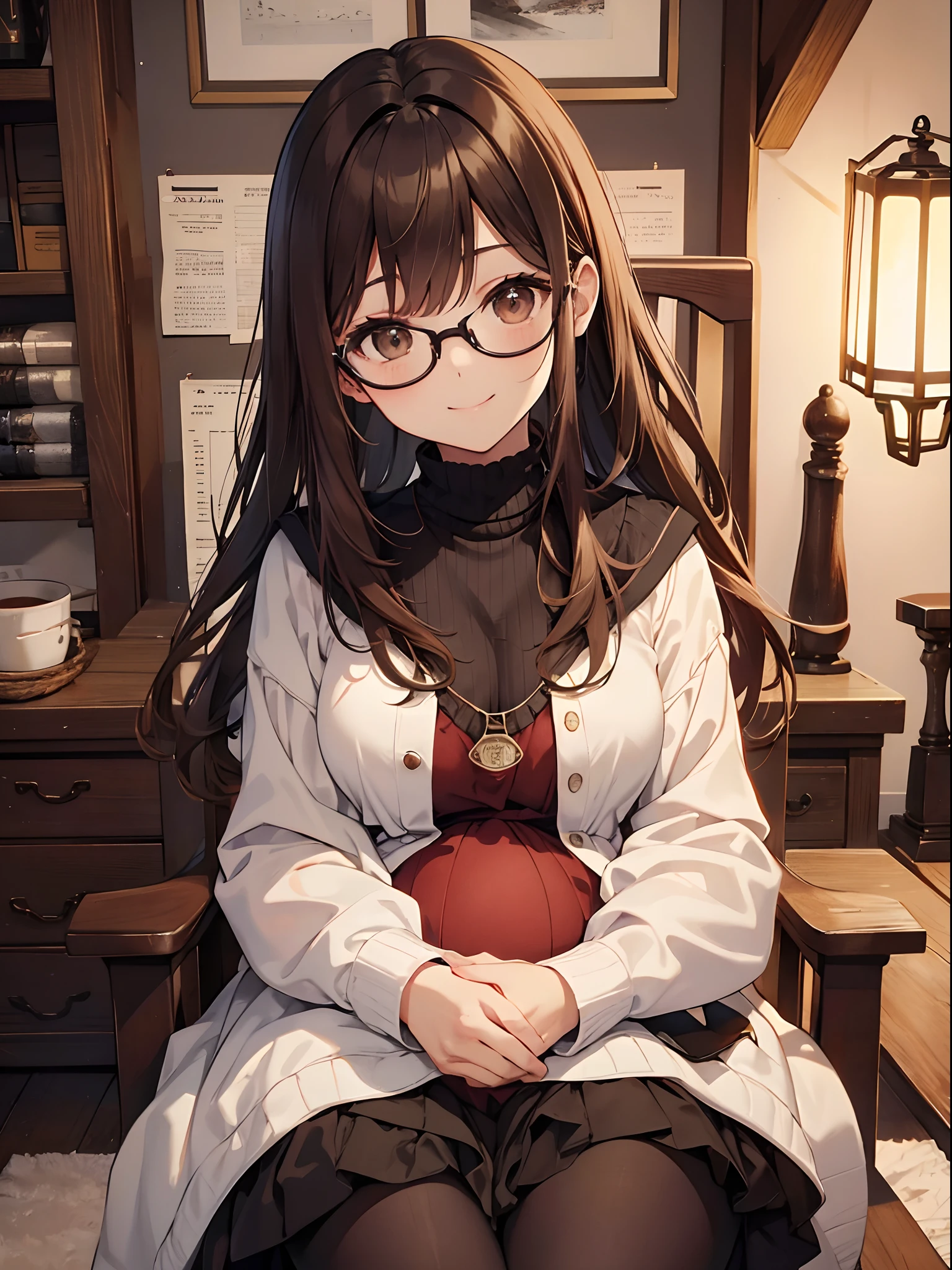 1 female、brown haired(Curta)、Brown eyes、Black-rimmed glasses、Best Quality、ultra-detailliert、8K resolution、Raw photo、masutepiece、gorgeous faces、Perfect body、a smile、maternity、sitting in the chair