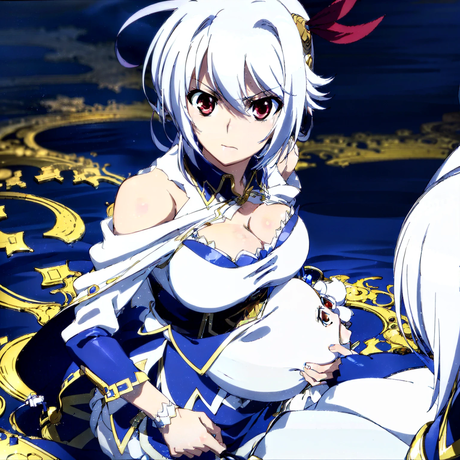 ((masutepiece, Best Quality, Very detailed, )), eleonora, 1girl in, 2 , breasts, up looking_で_viewer, Large_breasts, cleavage, Bare_shoulders, arma, Sword, Cape,She was forced to become a mother、Raped, however、Despite resistance, She became pregnant、I got pregnant. Hsi Hsiu々Became a mother through forced rape, And eventually gave birth to a child. of a baby、embarrd from、Frustrated expression、She becomes a forced mother due to her ability to rapist.