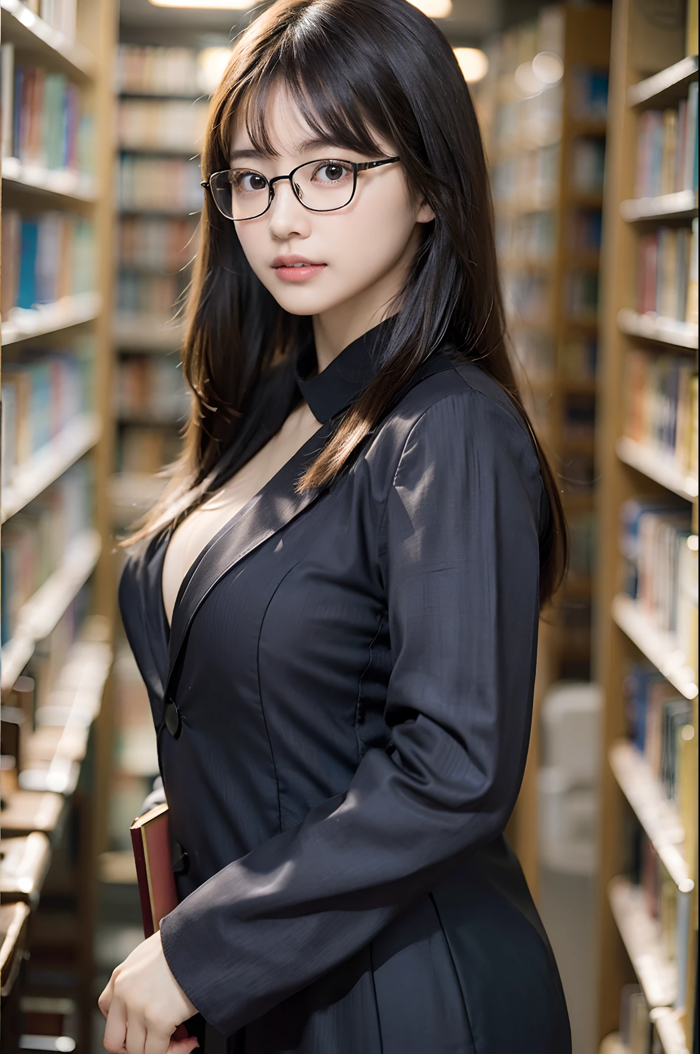 (8K、Raw photography、top-quality、masterpiece:1.2)、(realisitic、Photorealsitic:1.37)、ultra-detailliert、超A high resolution、1 girl of 20 years、see the beholder、beautifull detailed face、A smile with a little visible teeth、Constriction、(Slim waist) :1.3)、((Wearing a suit))、Beautiful detailed skin、Skin Texture、Floating hair、((Ties hair into one))、large breasts with good shape、Professional Lighting、Autumn twilight、book library、(((Black square glasses )))、Whole human body、Black hair、((Shameful appearance))、Holding a book、