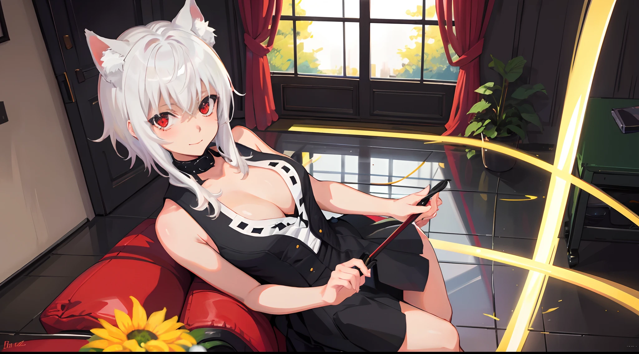 Best Quality, (Masterpiece:1.2), High Detailed, Standing, School, Indoor, Cat Ears, 1girl, solo, tojo koneko, looking at the viewer, closed mouth, light smile, top, red eyes, white hair, short hair, hair decoration, cleavage, black neckband, erotica, sleeveless, whole body, bare legs, heels