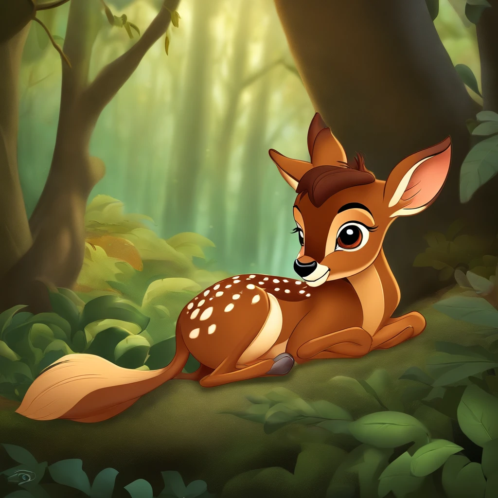 create an image of the character "Bambi" sleeping in the forest, old cartoon, disney