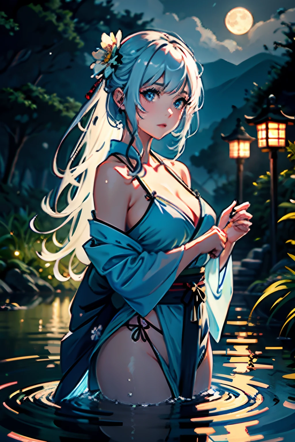 1girl, breasts, moon, lantern, night, solo, large breasts, hair ornament, wet, kimono, japanese clothes, wading, water, hair flower, flower, outdoors, sky, full moon, rain, long white hair, off shoulder, mountain, cloud, holding, sash, bare shoulders, paper lantern, standing, white kimono, night sky, sideboob, obi, wet clothes, bangs, tree, from side, reflection, short hair, cloudy sky, wet hair (((masterpiece),(extremely detailed CG unity 8k wallpaper),best quality,,solo,1girl,cinematic lighting,detailed background,beautiful detailed eyes,bright pupils, (an extremely delicate and beautiful),(Beautiful and detailed eye description), ultra-detailed,masterpiece,)),