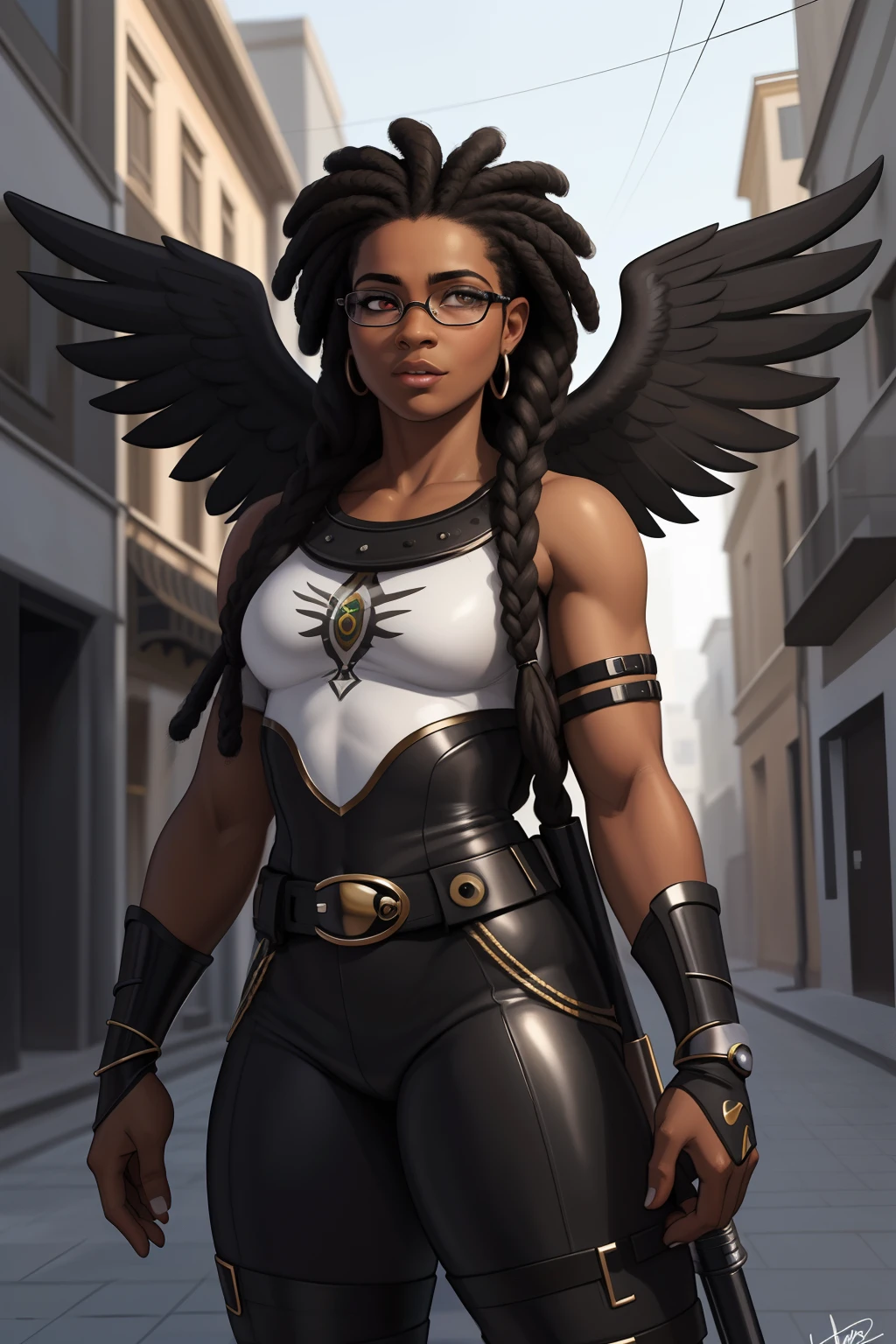 Mulher negra Moreno, de cabelo afro cabelo caindo para frente, Tipo rasta, but braided with glasses sniper gun in a city. fofa , aluna hiperrealista, com rabo-de-porco preto, character is in her natural pose, imagem ultra realista, Commission for High Res, nerdy black girl super hero, With eye Glasses, uma aluna hiperrealista, thick glasses, Estilo de arte fotorrealista, photorealistic illustration, Estilo de arte realista, Realistic student cosmic fallen angel, olhos claros brilhantes, Biomechanicals, estranho, assustador, pesadelo, cores muito brilhantes, light particles, com luz brilhante, Mshiff, Arte do papel de parede, papel de parede uhd, Anakil Skywalker, 15 anos, roupas medievais