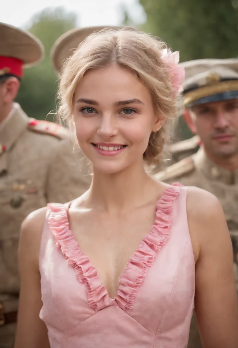 A 16-year-old blonde girl on Independence Day in Spain with a V-neck tie with a pink ruffled ruffled dress smiling at Spanish soldiers