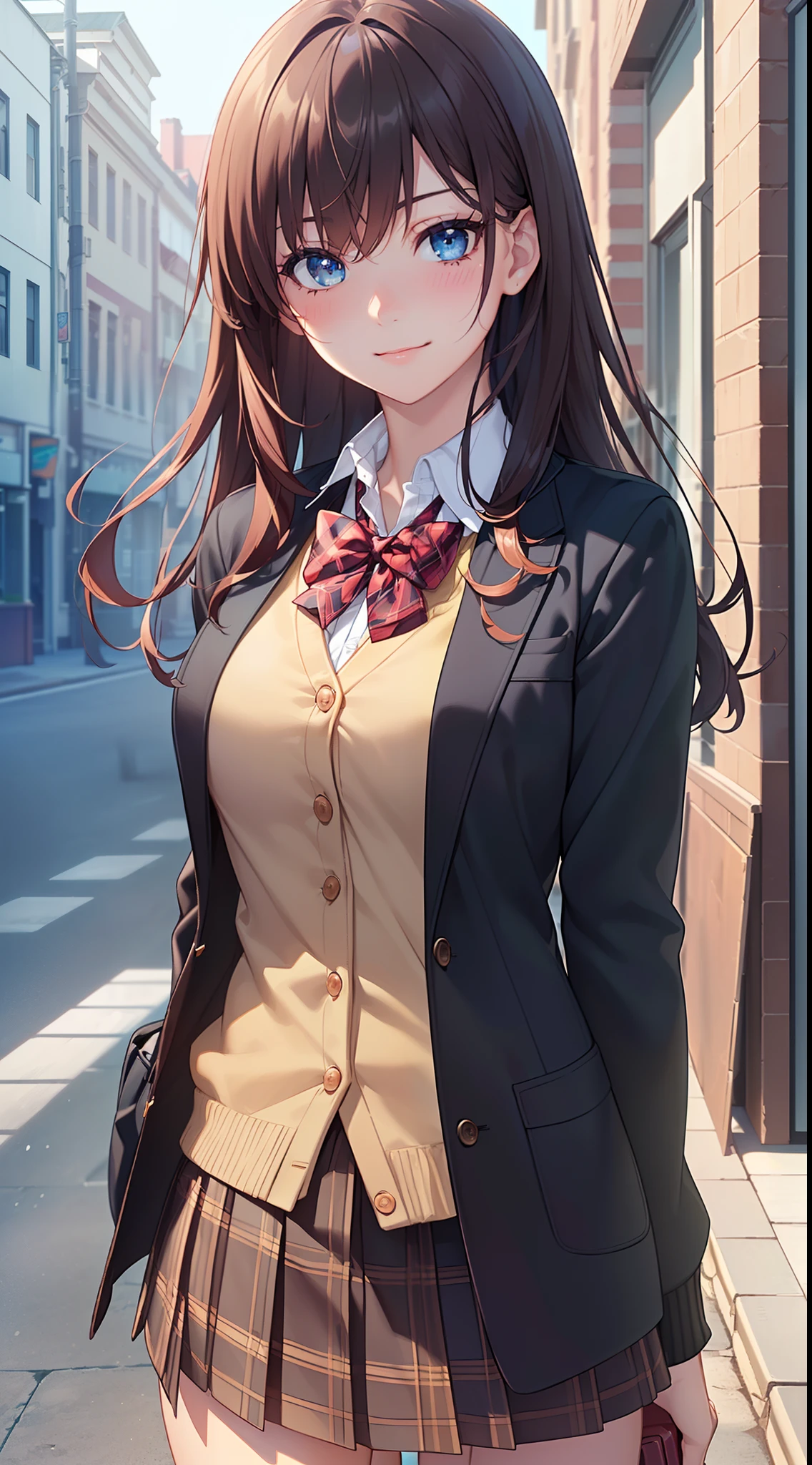 (table top, highest quality, High resolution, , perfect pixel, 4k,), 1 girl, single, alone, Beautiful woman、I could see the whole body、 ((wavy middle hair, bangs, brown hair)), ((brown eyes, beautiful eyelashes, realistic eyes)), ((detailed face, blush:1.2)), ((smooth texture:0.75, realistic texture:0.65, realistic:1.1, Anime CG style)), medium breasts, dynamic angle, perfect body, ((red bow tie, school uniform, black jacket, open jacket,cardigan, white shirt, black skirt, shirt unbuttoned、plaid skirt)), upper grade、shy smile、school classroom、evening、sit at desk、(open your legs、get down on one knee、、pale pink floral lace panties)、