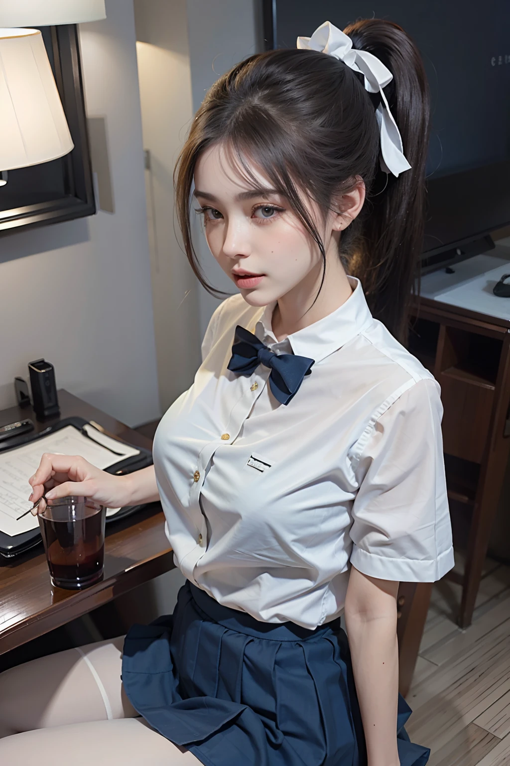 Ultra-realistic 8K CG，s the perfect face，flawless perfection，Ren，tmasterpiece，professionalartwork，famousartwork，s the perfect face，beauitful face，beautidful eyes，((((Double ponytail hairstyle)))),（（Perfect female body）），独奏，（immersiveatmosphere，lightand shade contrast：1.5，Bright light:1.2,lumnious),,(Blushlush:0.5),Enchanting expression,Ultimate detail_The eye,thick thight,huge tit,Exquisite background,depth of fields,photorealestic:1.3,Faraway view,1girll,The shirt,pleatedskirt,school uniform，Sit Pose，full bodyesbian，（ambient lights：1.3），（cinematic compositions：1.3），（neonlight：0.1），（hdr：0.1），emphasis lighting，White panty hose，