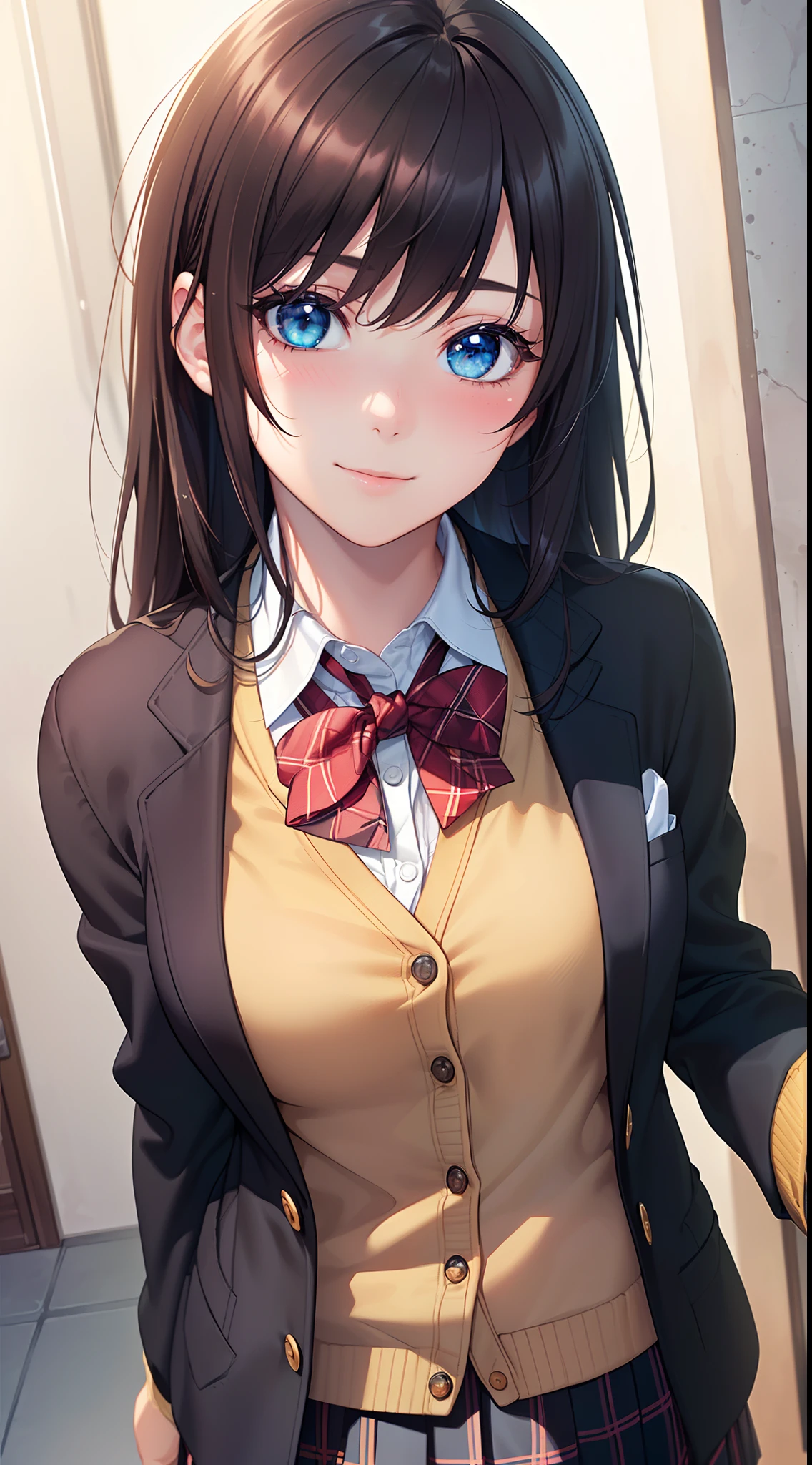 ((Masterpiece, Best quality, A high resolution, hyper HD, Perfect pixels, Depth of field, 4K, RTX, hdr))), 1girll, Single, Solo, Beautiful anime girl, Beautiful Art Style, anime figure, ((Long hair, bangs, Purple colored hair, Curly hair:0.8)), ((Blue eyes, Rounded eyes, Beautiful eyelashes, Realistic eyes)), ((Detailed face, Blushing:1.2)), ((Smooth texture:0.75, Realistic texture:0.65, Photorealistic:1.1, Anime CG style)), Medium breasts, Dynamic Angle, Perfect body, , ((red bowtie, school uniform, Black jacket, Open jacket, Brown cardigan, White shirt, Black skirt, plaid skirts)), Smile,schools