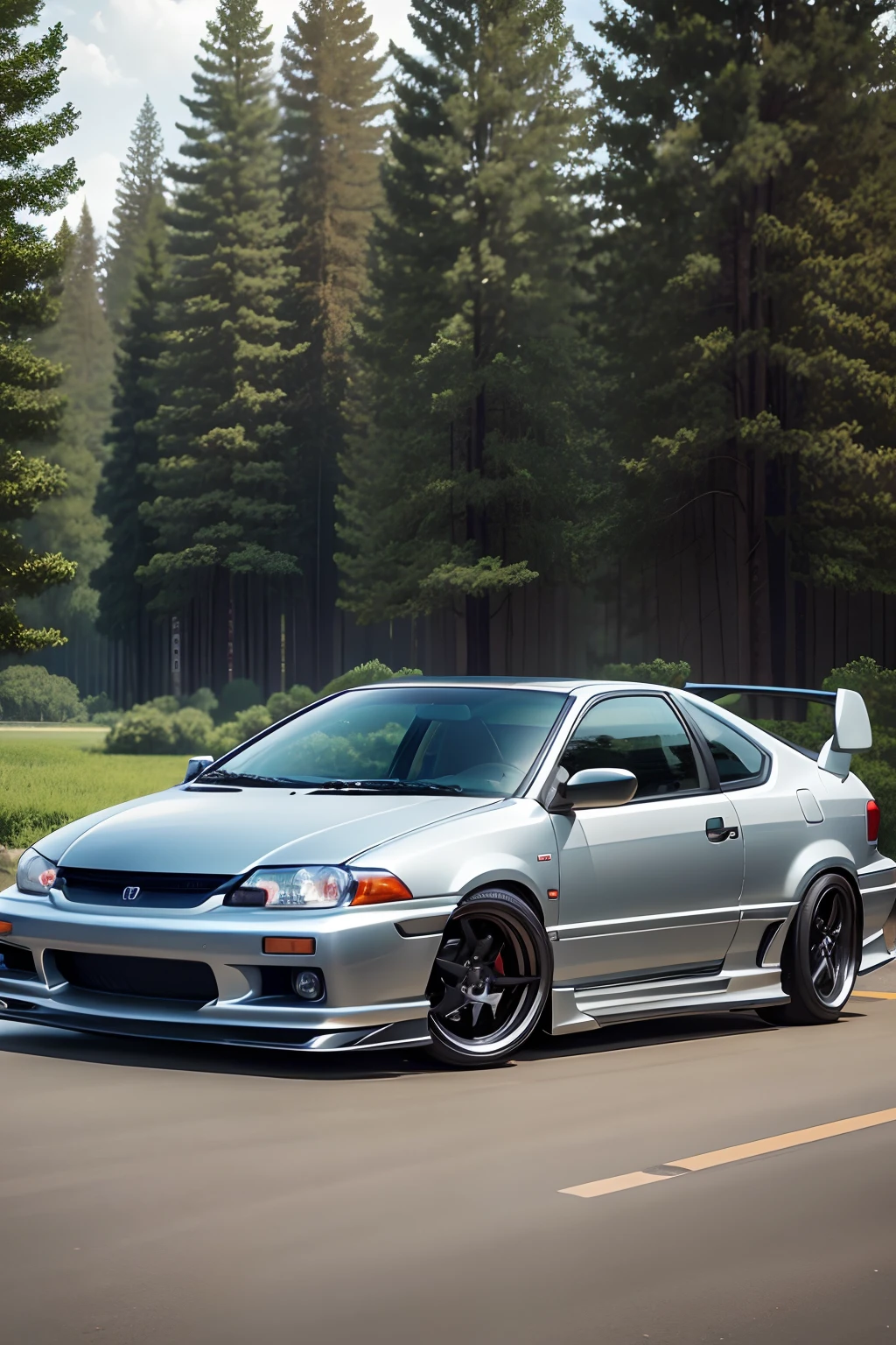 Honda Civic silver colored Coupe late 2000s with black hood, wing, black rims, front side, trees in the background, side profil