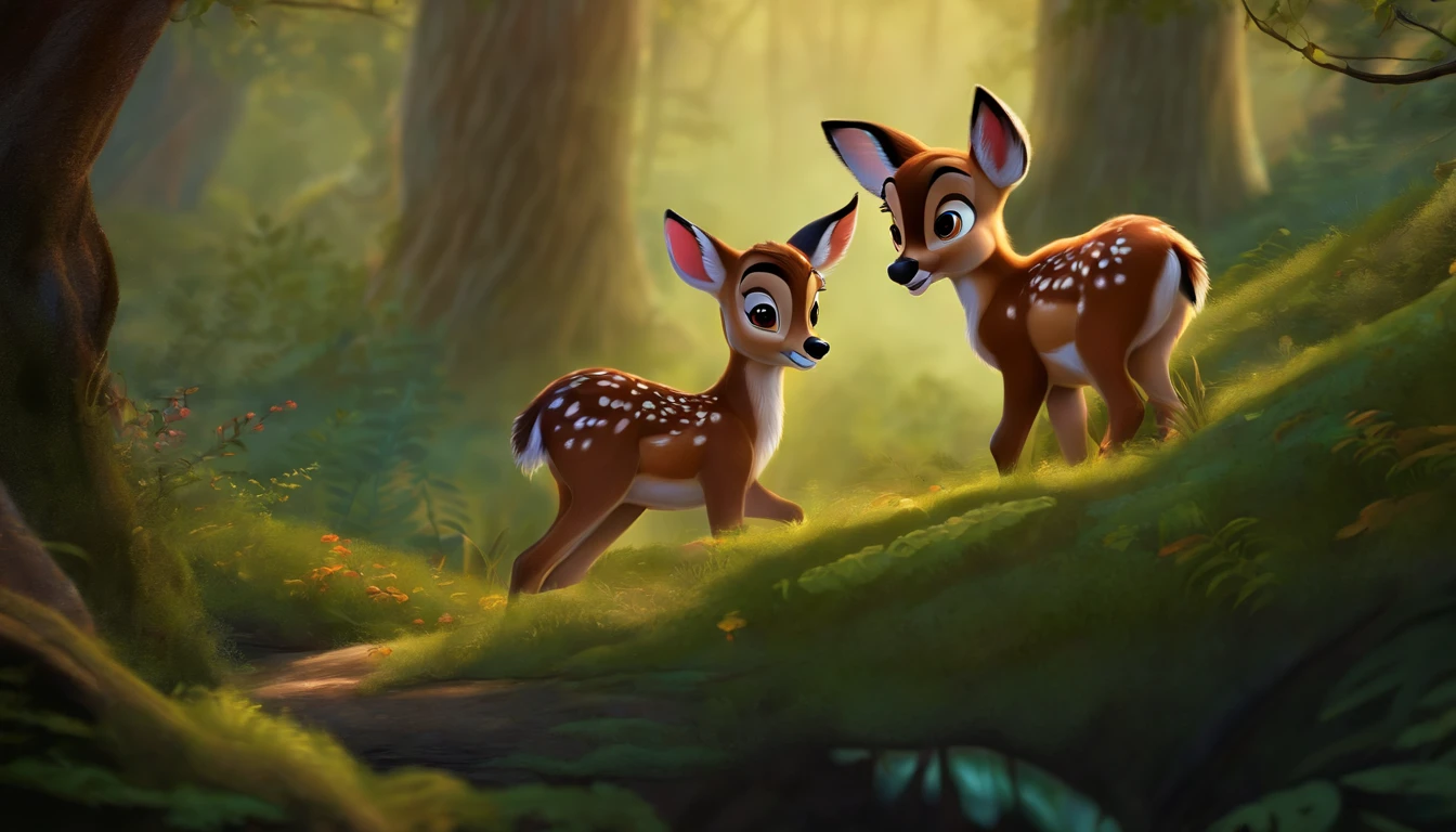 criar uma imagem do personagem "bambi" Dormindo na floresta, DESENHO ANIMADO ANTIGO, Disney